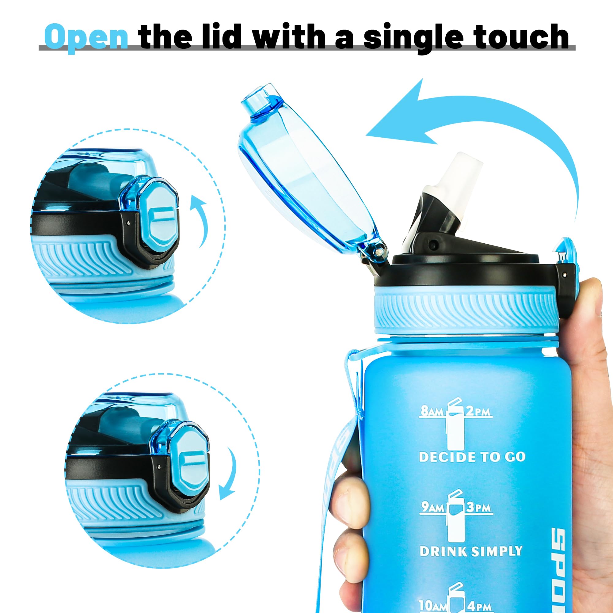 DUNSOO Borraccia 1L, Borraccia con Cannuccia con Del Tempo Motivazionale, Borraccia Sportiva, Tritan Senza BPA Bottiglia Acqua, con Spazzola per la Pulizia per Palestra, Yoga - Blu