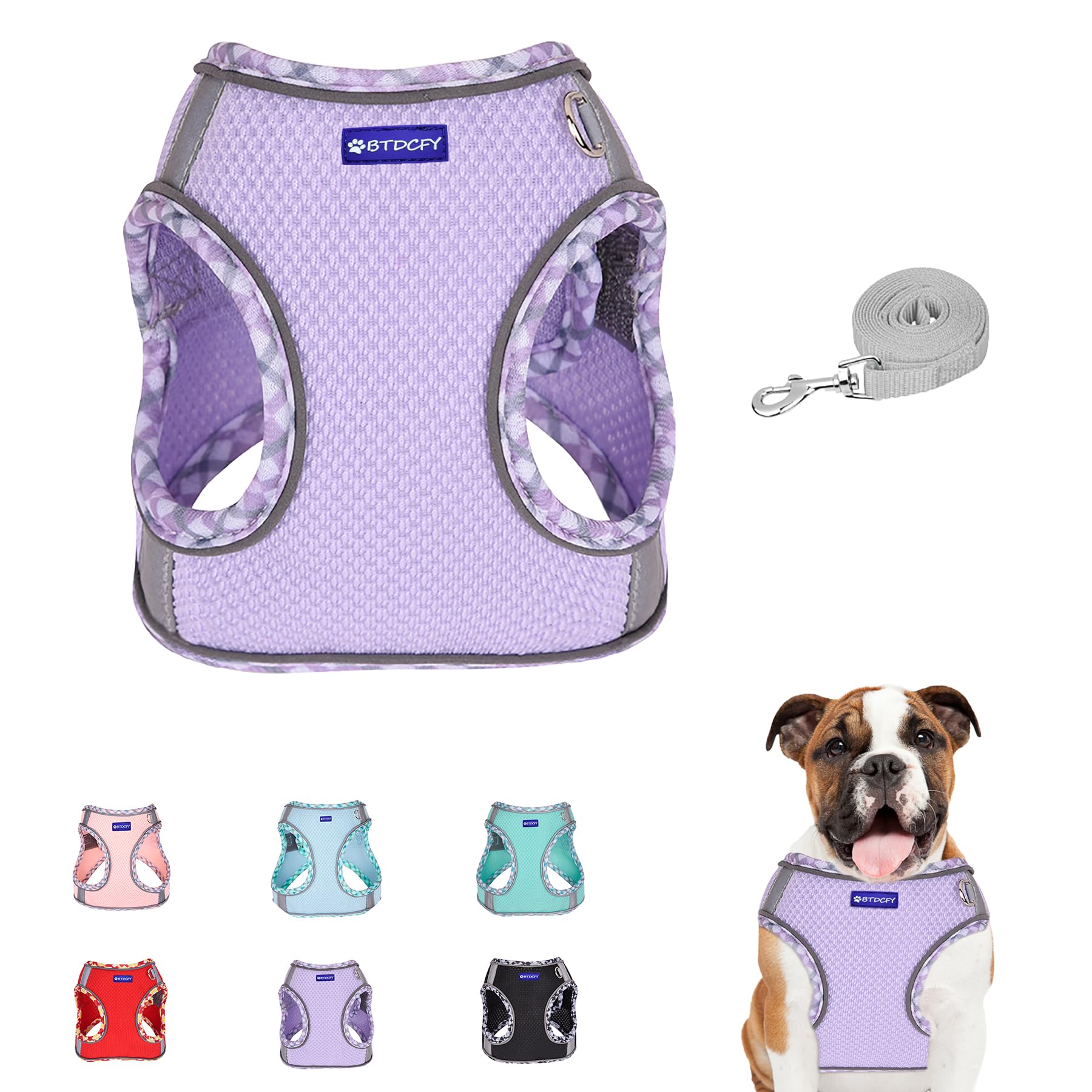 BTDCFY Step in Mesh Dog Harness and Leash Set, Breathable Air Mesh Reflective Escape Proof Dog Harness Vest, No Choke, Lightweight, Purple