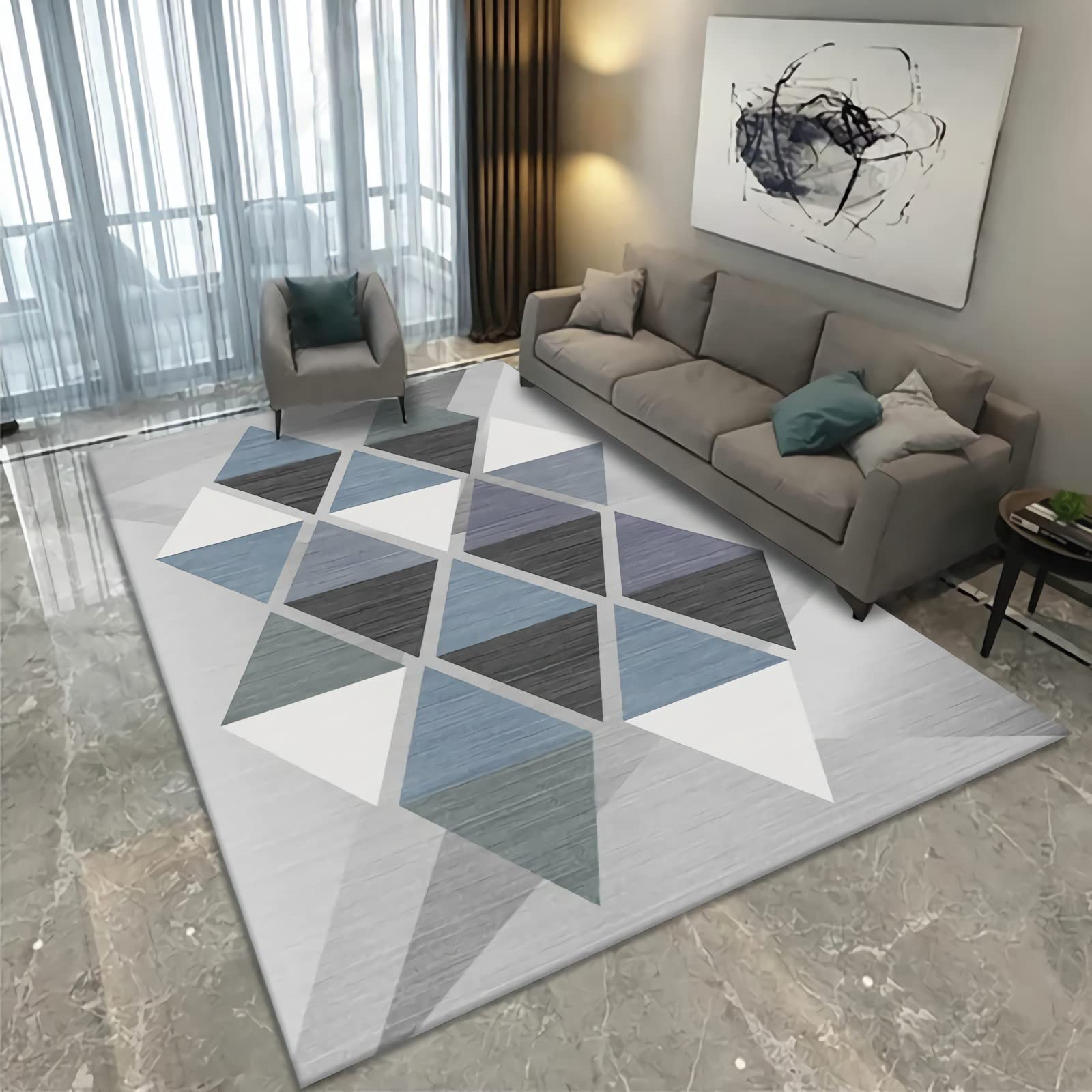 Dywan biurowy, niebieski czarny szary geometryczny trójkąt design antypoślizgowy dywan bieżnik, dywan do pokoju zabaw 120 x 160 cm