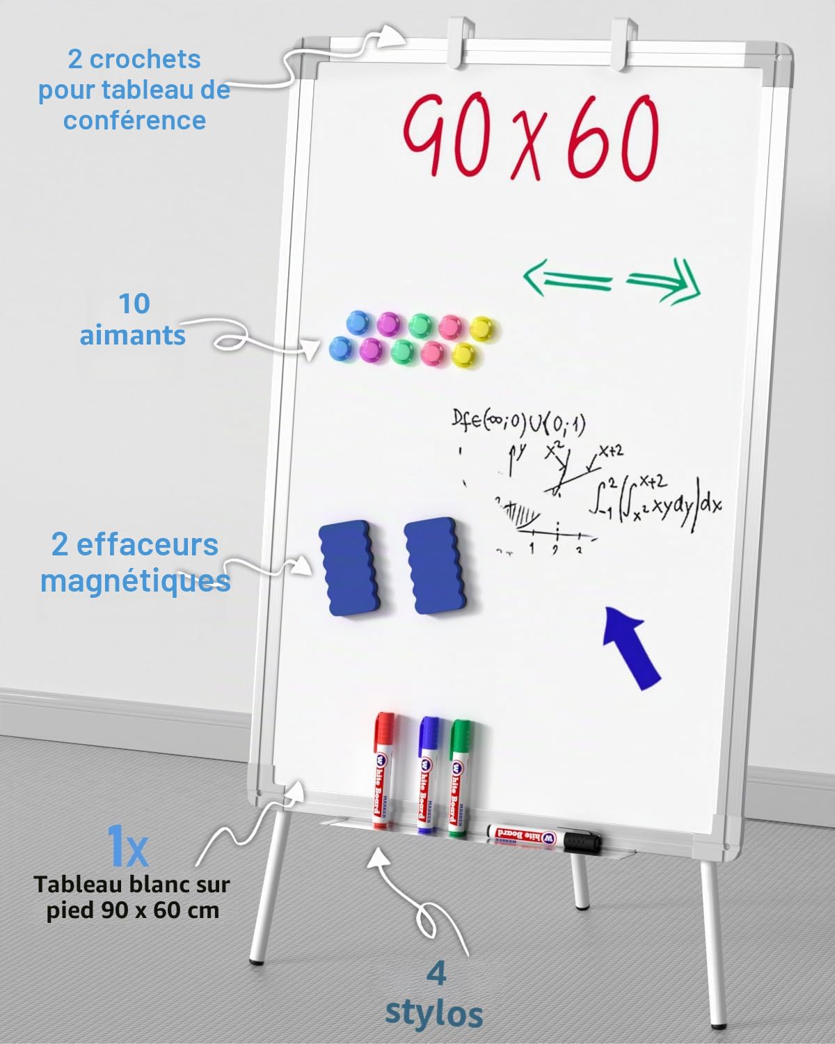Nicpro tableau blanc magnetique 60 x 90 cm avec 4 stylos à base d'eau- 10 aimants- 2 Gomme, trépied à hauteur réglable, tableau blanc effacable sur pied pour étudiants, bureau, maison, classe