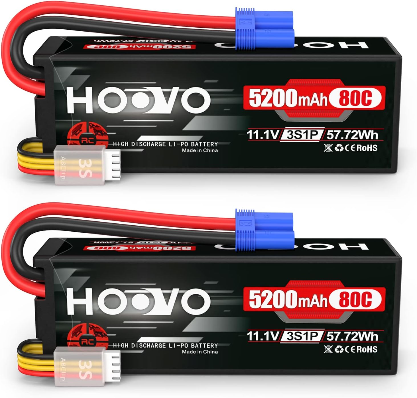 3S 11.1V 80C 5200mAh RC Lipo Battery Hard Case with EC5 Connector for RC Car Boat Truck Heli Airplane UAV Drone FPV Racing (2 Packs)