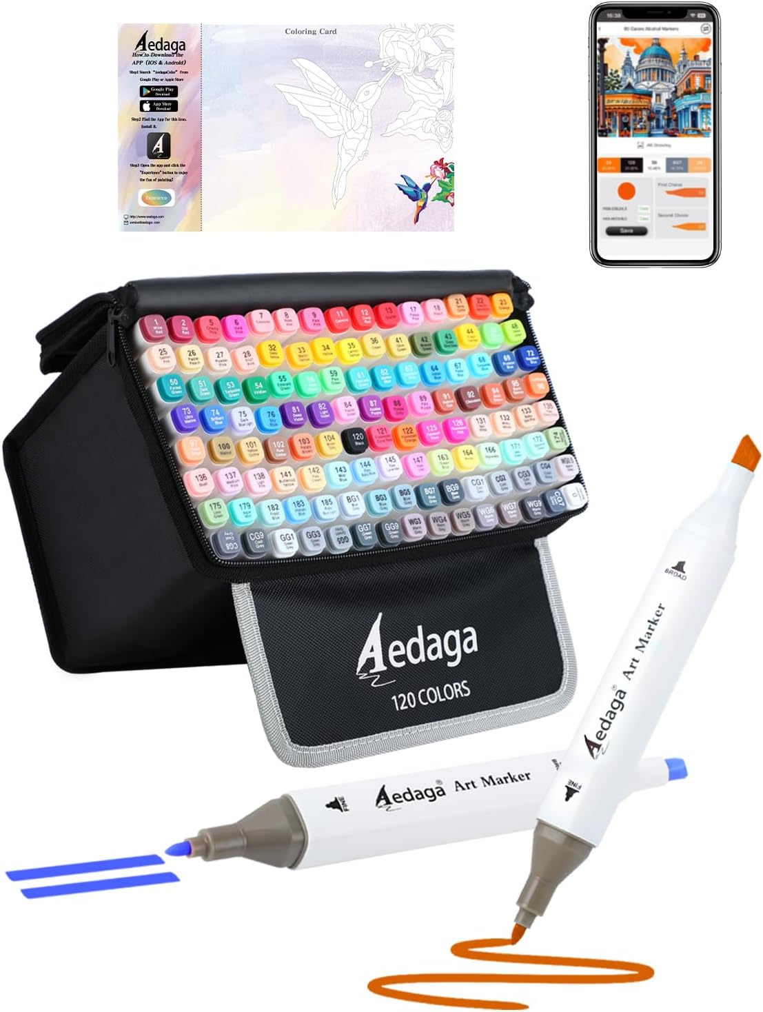 YHC 120 Colors Alcohol Markers with Free APP, Alcohol-Based Dual Chisel and Fine Tips Markers with Kickstand Case for Adult Coloring, Drawing, Painting and Sketching, Great Gift Idea for Artists