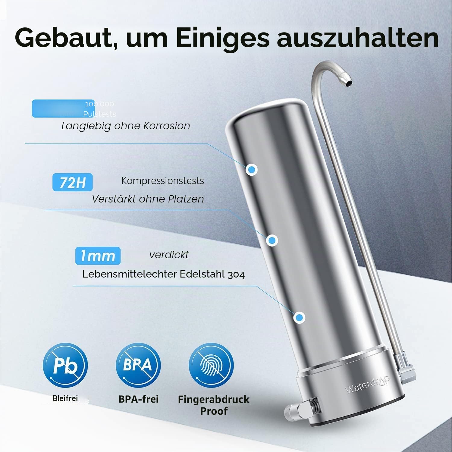 Waterdrop WD-CTF-01 Auftischfilter, 5-Stufiger Edelstahl Trinkwasser Filtersystem, Langlebiger Wasserhahn Wasserfilter, Reduziert Chlor, Schwermetalle, Schlechter Geschmack (1 Filter Enthalten)