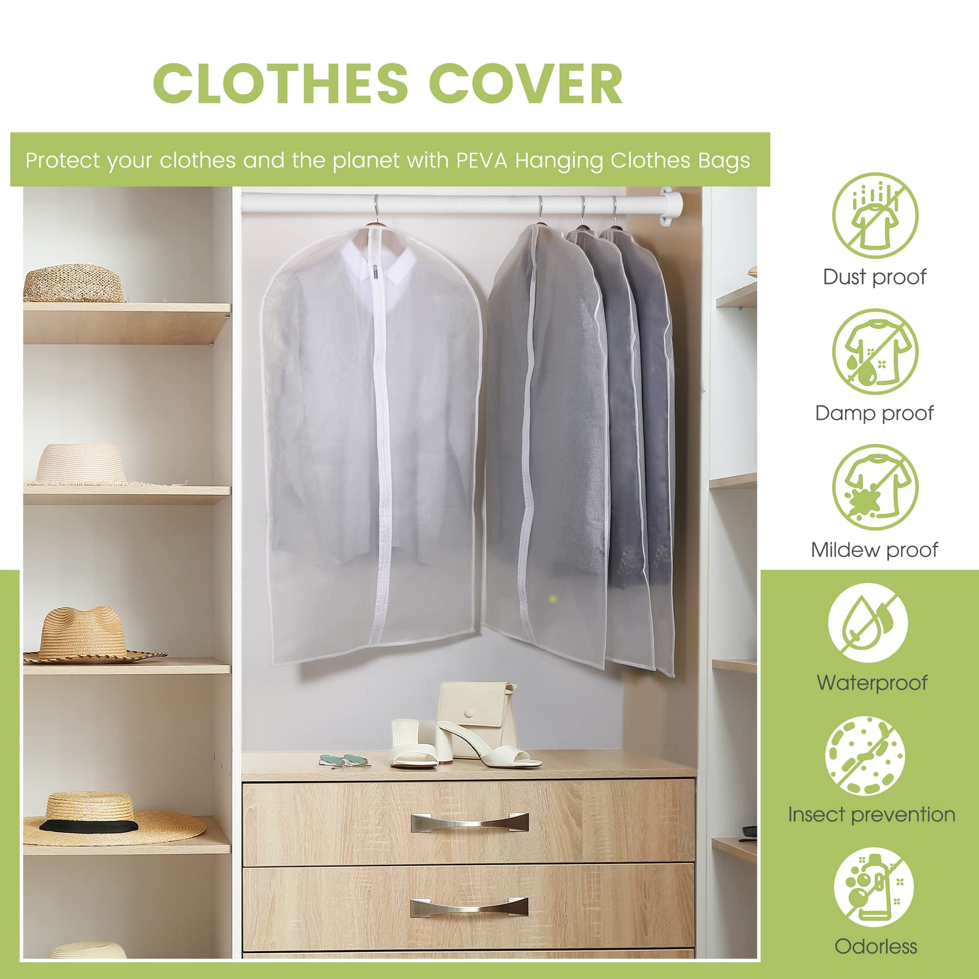 HOUSE DAY Clear Garment Bags, Suit Bags for Closet Storage and Travel 40 inch, Hanging Garment bags for Travel, Dust Suit Cover Bags, Washable Hanging Clothes Bag for Suit, Jacket, Coats(Set of 5)