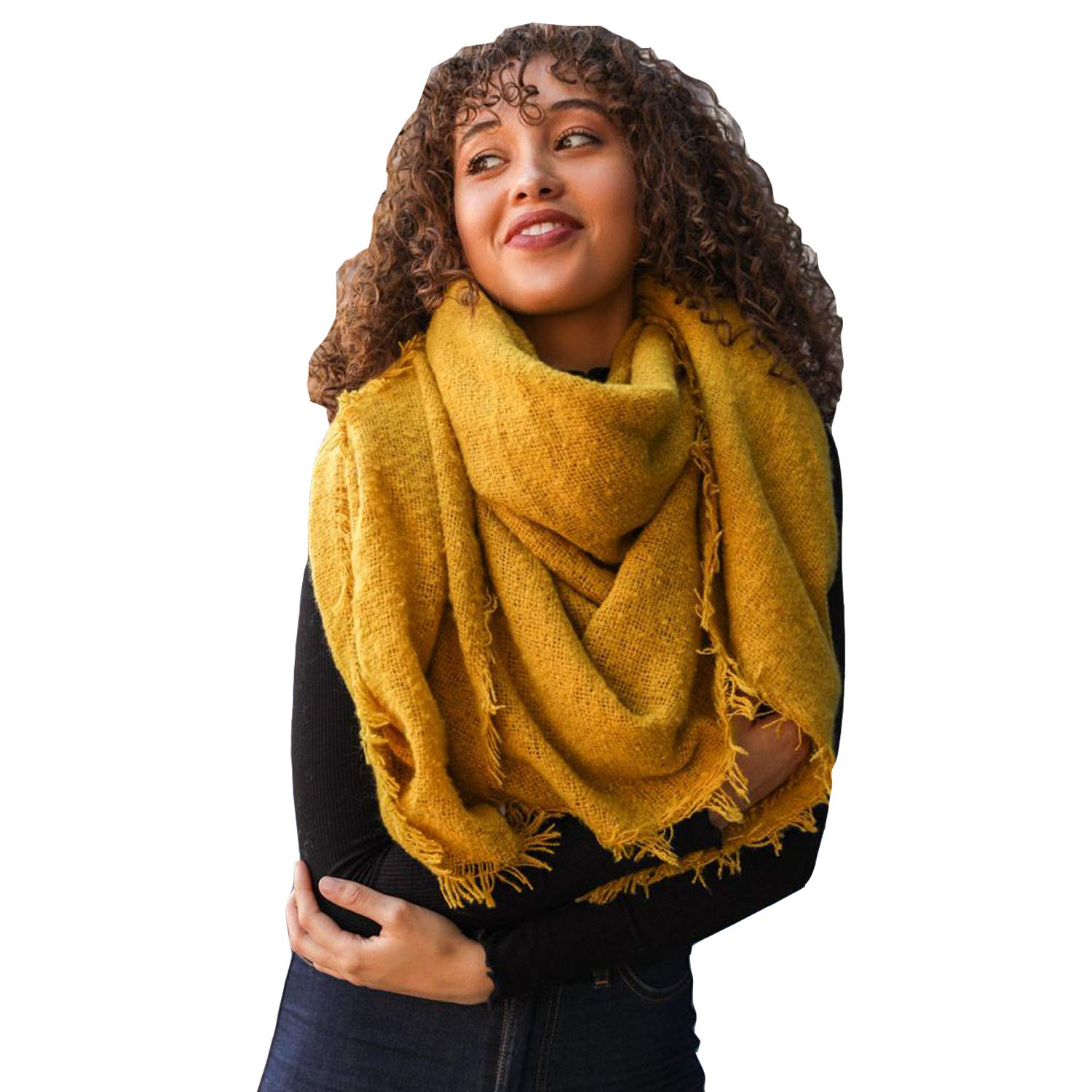 Plaid Blanket Scarf Solid Color Wrap Shawl Mohair Square Blanket Scarf for women (Mustard)