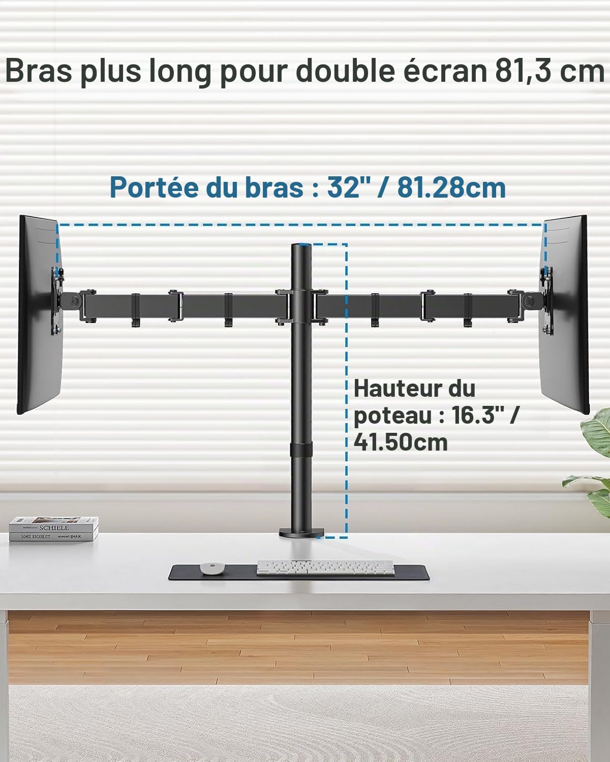 HUANUO Support Ecran PC 2 Ecran pour Moniteurs de 13-32 Pouces, Bras Ecran PC Réglable en Hauteur Ergonomique, Inclinable, Rotatif et Pivotant, VESA 75/100