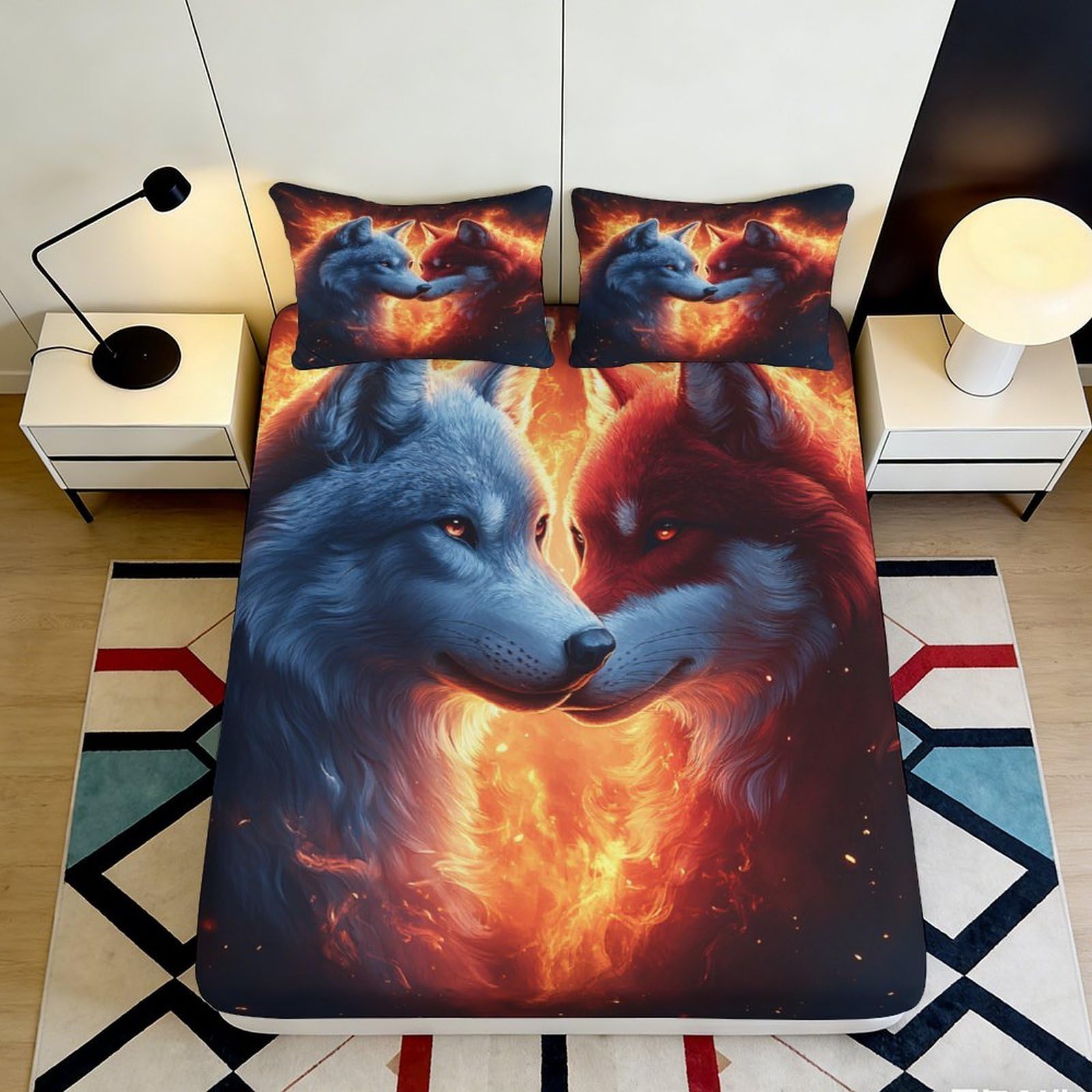 Uxinyoume Style-6 3D Printed Fire Wolf Fitted Sheet Microfiber Soft Non-Slip Water Blue Wolf Bed Cover For Bedroom Dorm Decor 90X200x25cm