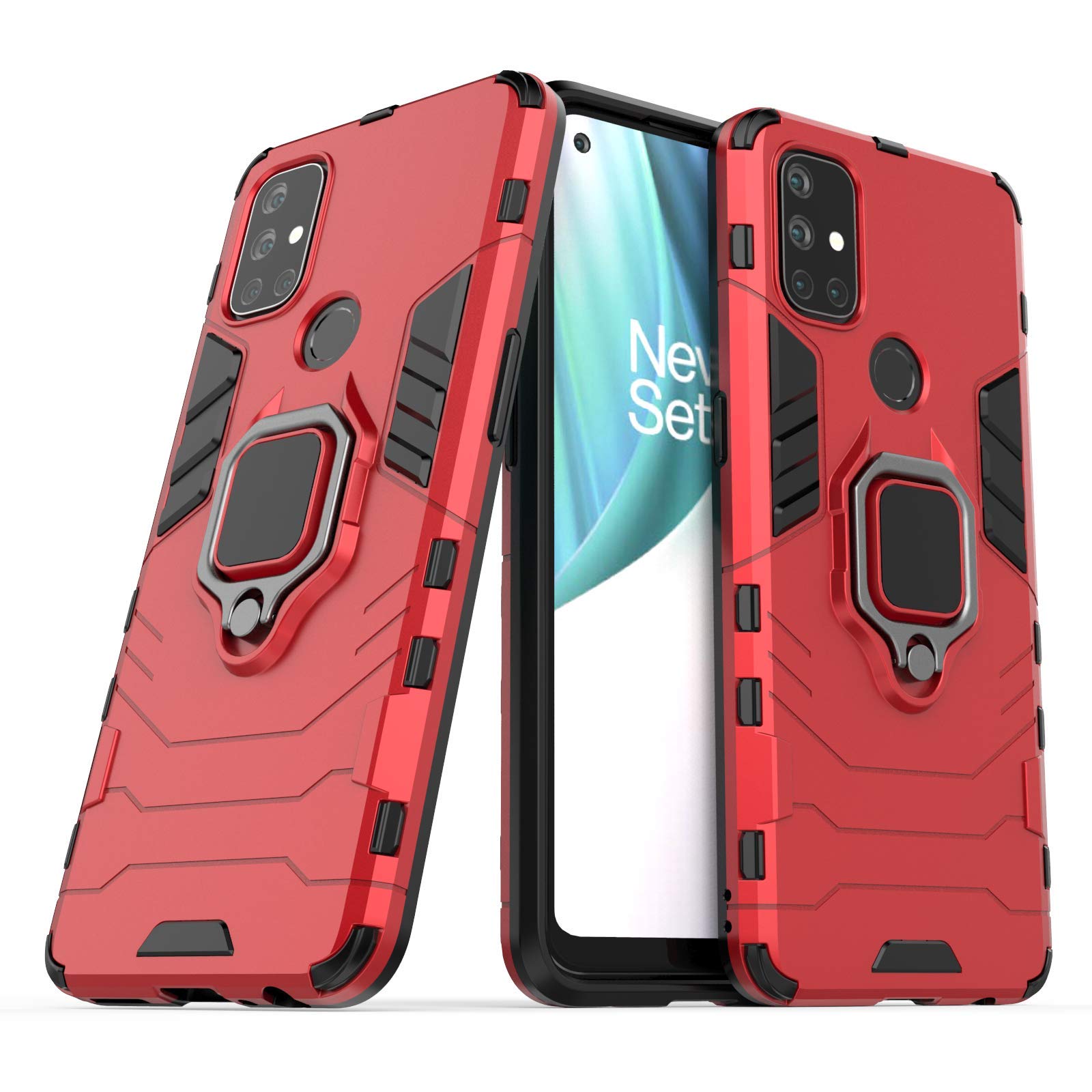 COTDINFOR Compatible with OnePlus Nord N10 Cover, Silicone TPU + Hard PC Bumper Shell Metal Ring Stand Holder Magnetic Car Mount Shockproof Cover For 1+ Nord N10 Case Red- KK.
