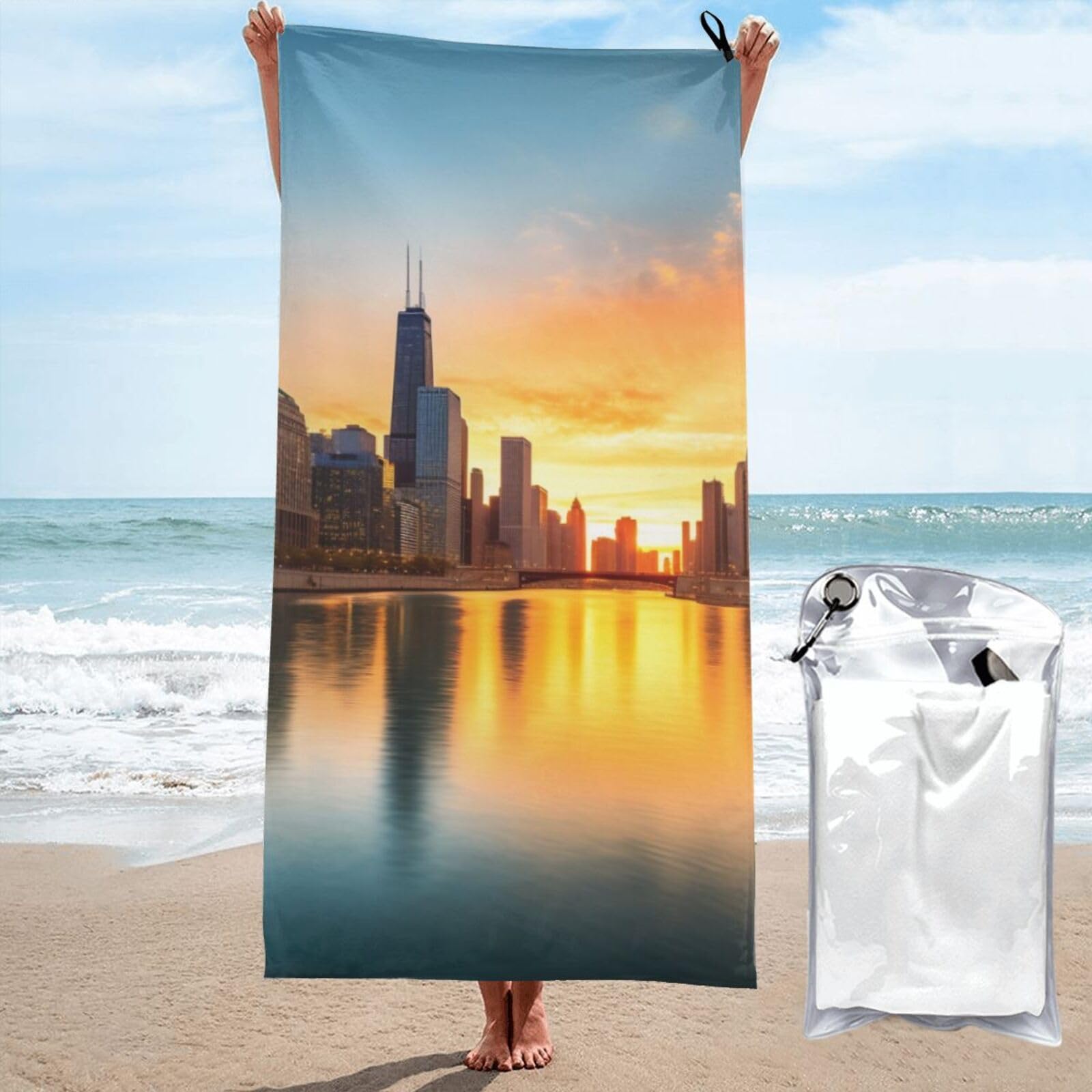 BWWHCCTI Chicago Downtown Sunset Printed Microfiber Quick Dry Beach Towel 80x160 CM, Fast Drying Bath Towels with Bags for Travel,Camping,Gym,Beach,Swimming,Yoga