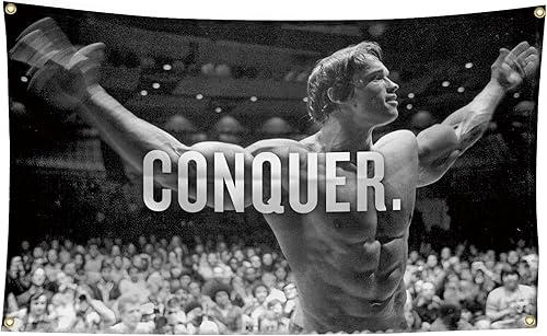 Arnold Schwarzenegger Conquer - Bandera inspiradora motivacional para oficina, gimnasio, decoración de pared, bandera de 3 x 5 pies, divertido