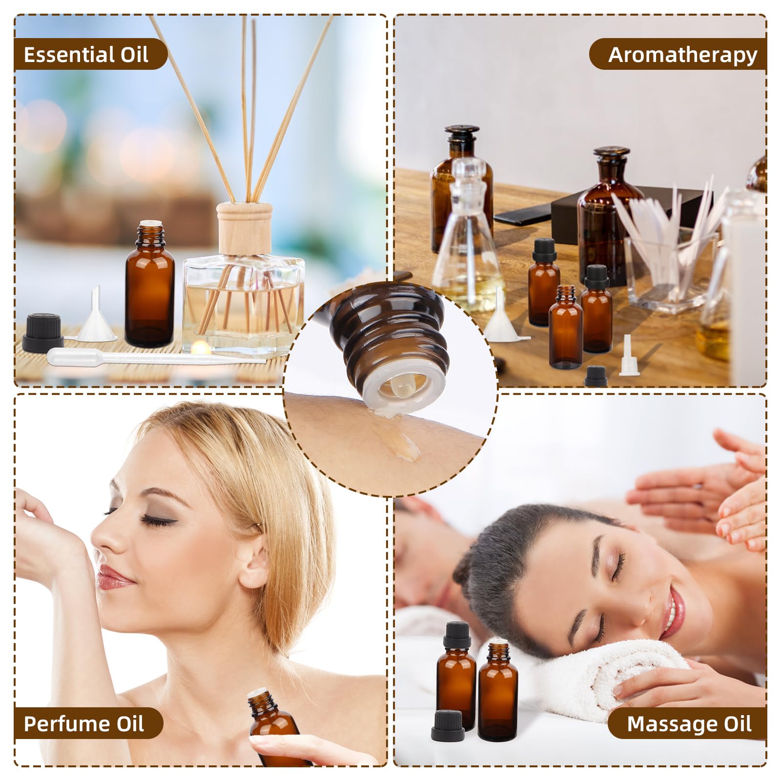 60 ml bursztynowa szklana butelka na olejki eteryczne z zakrętkami, pusta fiolka na próbki płynu podróżnego do aromaterapii perfum z lejkiem, plastikowy zakraplacz 3 ml i 6 etykiet