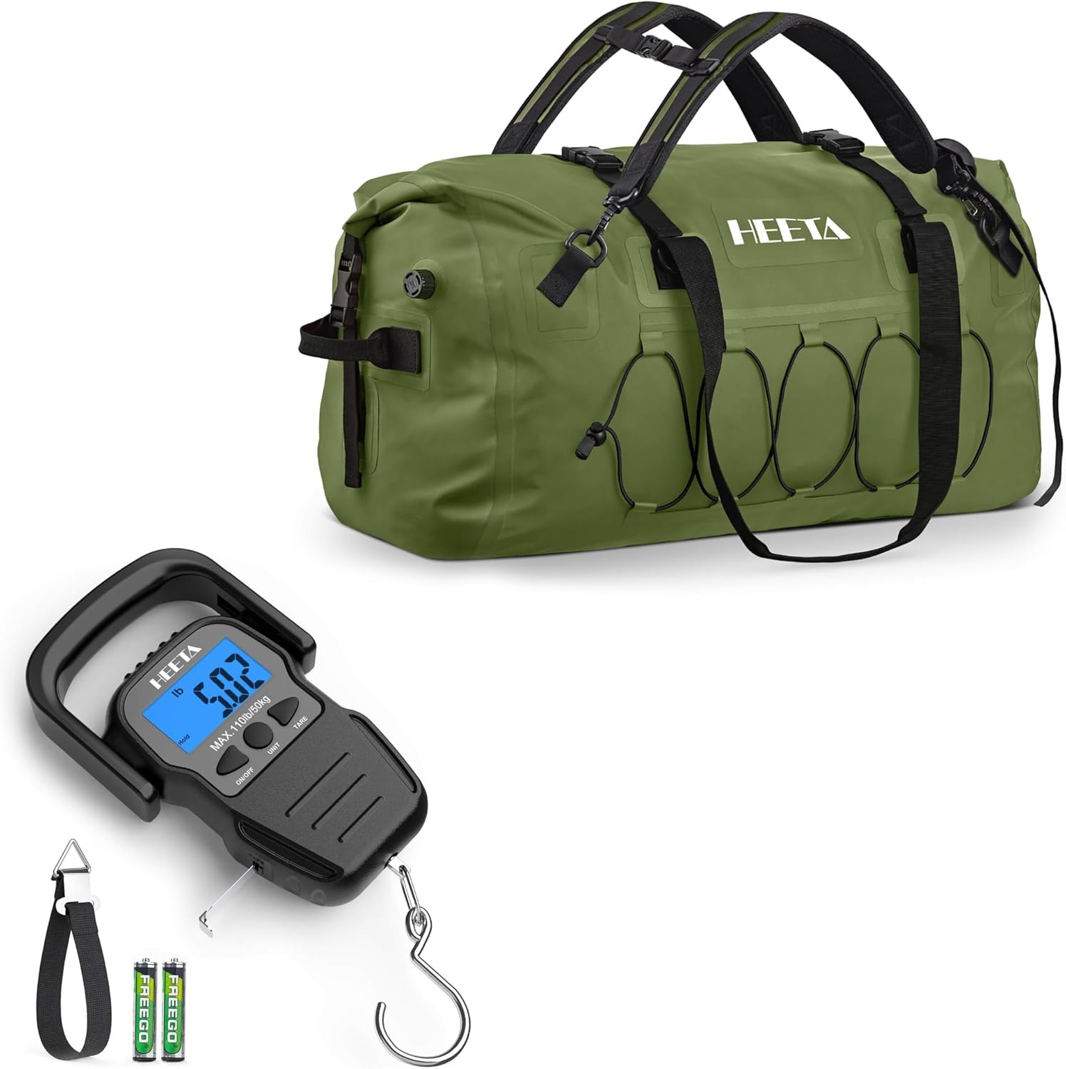 HEETA Fish Scale Up to 110lb/50kg, 2 AAA Batteries Included (Black) Bundled with Waterproof Duffel Bag Motorcycle Dry Bag (Green 60L)