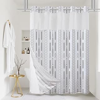 No Hook Striped Shower Curtain with Snap in Fabric Liner Set - Black and White Hotel Modern Style Double Layer Design for Bathroom with See Through Mesh Top Window, 71 x 74 Inches