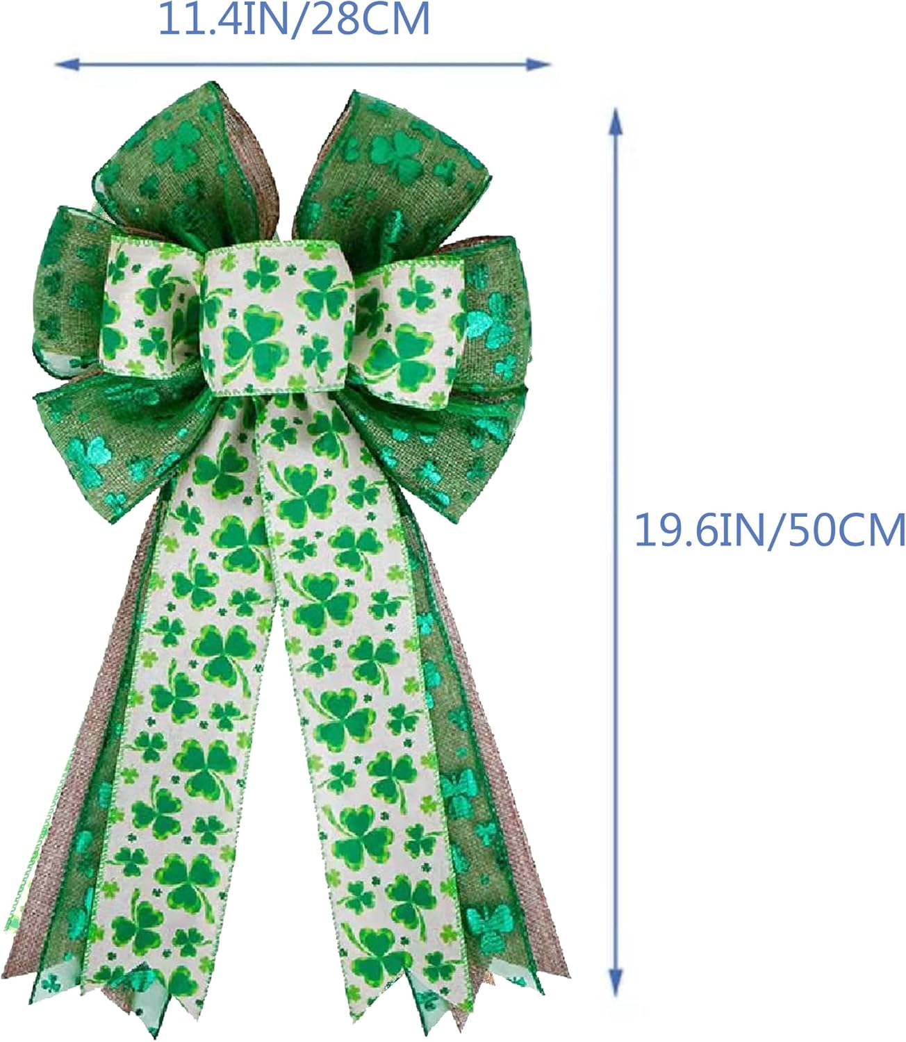 St Patricks Day Bow for Wreath Decorations,St Patricks Day Tree Topper Bows,Large Burlap White Green Glitter Shamrock Bowknot Irish Holiday Crafts Bows for Front Door Outdoor Outside - Image 2