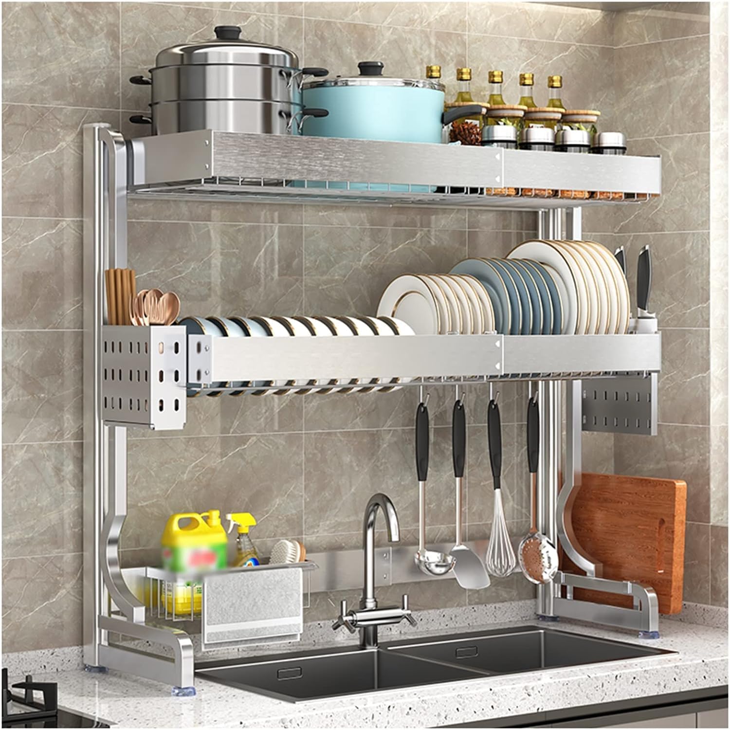 Over The Sink Dish Drying Rack 2 Tier Dish Drying Rack Adjustable Dish Drainer Rack with Utensil Sponge