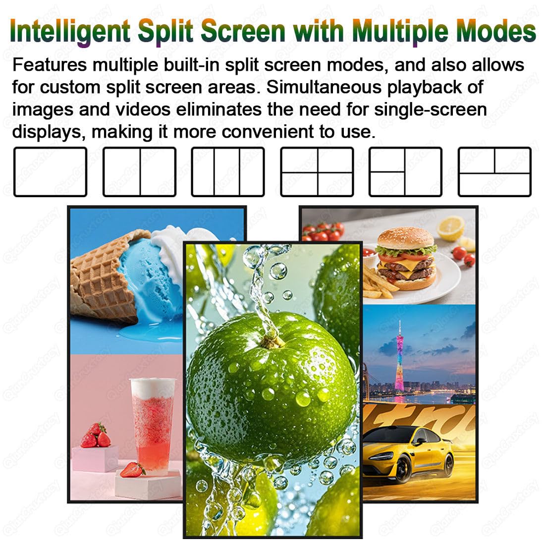 Schermo Pubblicitario Commerciale Full HD 1080p, Macchina Pubblicitaria da Parete con Funzione Split Screen, Controllo Remoto e USB, Orientamento Orizzontale e Verticale Non-touchscreen-43”