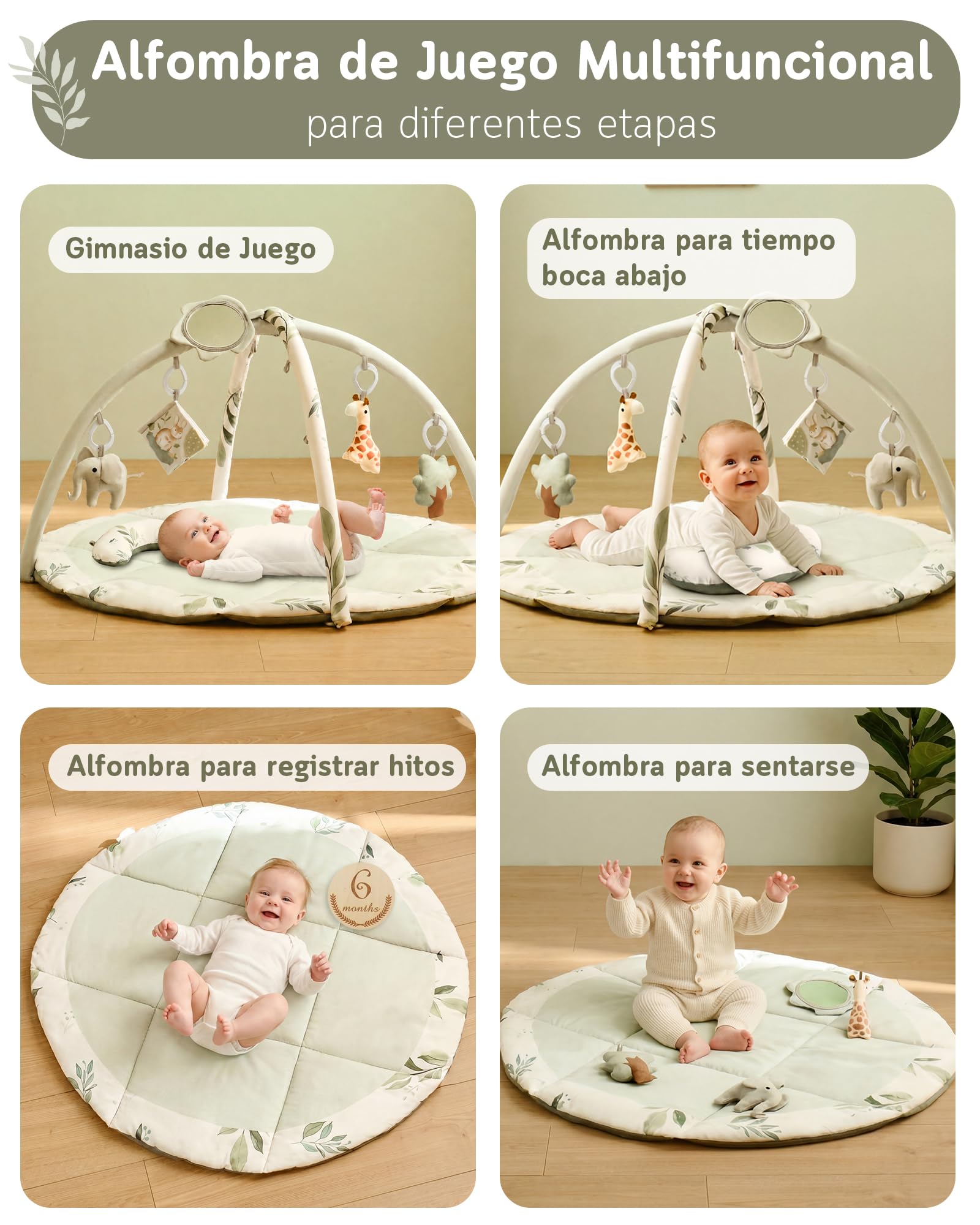 Fortella Gimnasio para Bebé, Tapete de Actividades, Manta de Juegos Plegable con 5 Juguetes Colgantes, Espejo y Almohada -Alfombra Acolchada para el Gateo, Desarrollo Infantil, 0-3-6-12 Meses(Verde)