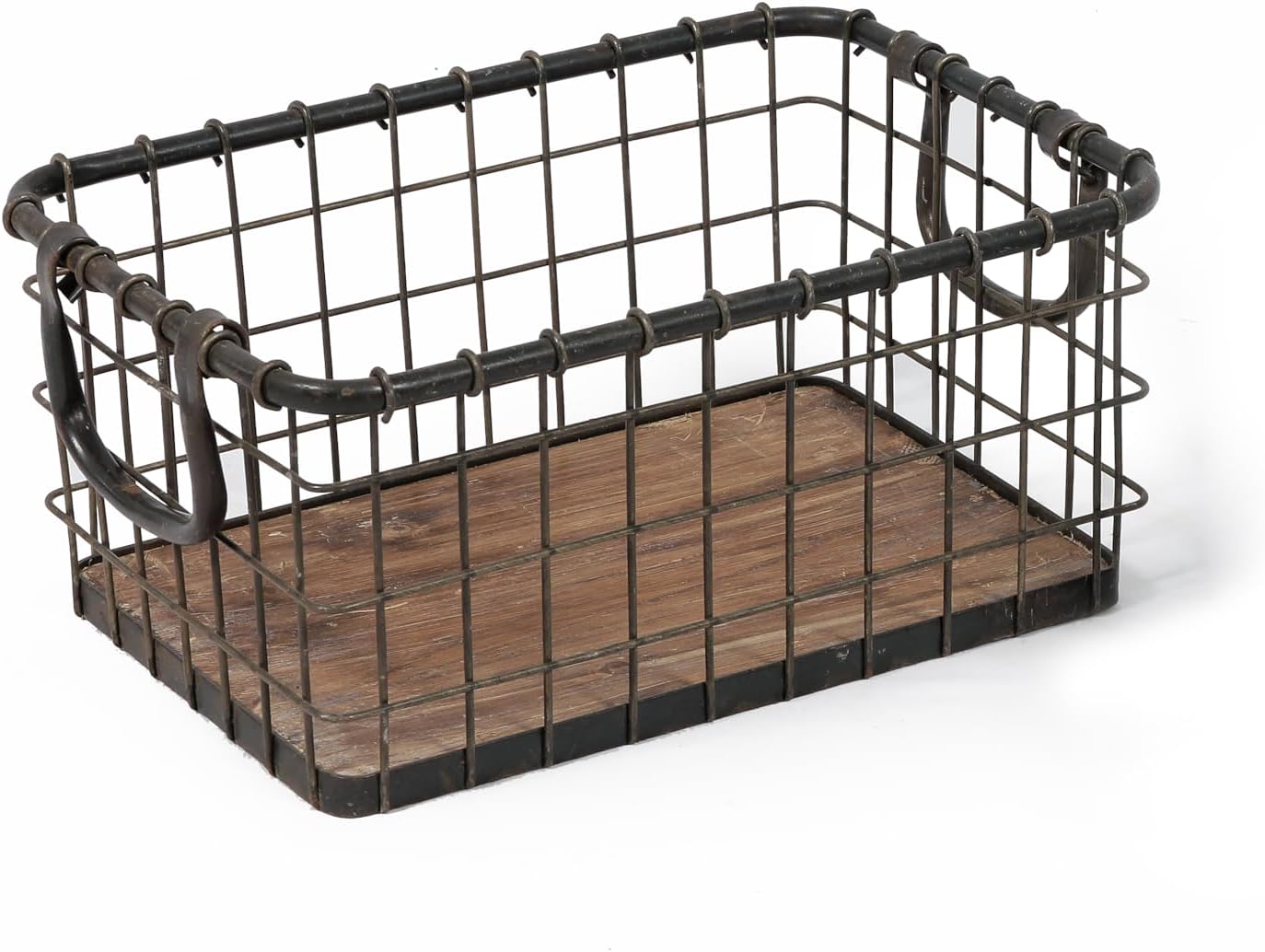 Set of 3 Rectangular Sturdy Hand Welded Farmhouse Metal Wire Basket with Rustic Wooden Bottom For Shelves, Closet Storage Bins for Shelves. Also For Laundry, Towel, Spice Rack, Tool Box (SET OF 3)
