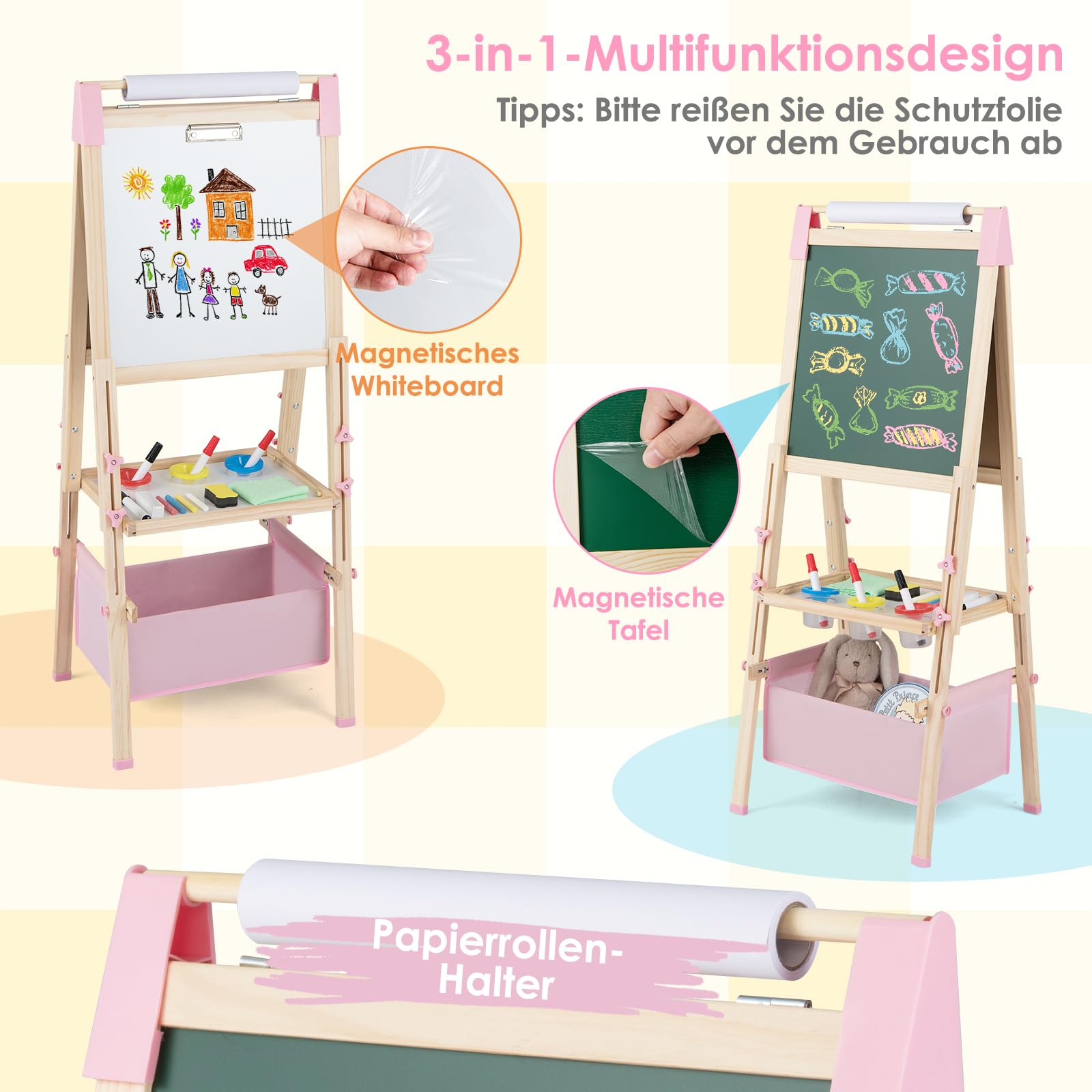 COSTWAY 3 in 1 Staffelei Kinder, doppelseitige Kindertafel höhenverstellbar mit Whiteboard & Kreidetafel, Standtafel inkl. Papierrolle, Zahlen, Kreiden & Farbstift, für Kinder ab 3 Jahren (Rosa)