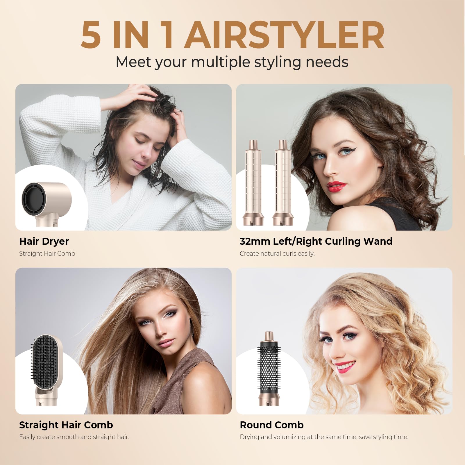 Hair Styler Air Brush 5 en 1 Airbrush 5 en 1 Air Styleravec Seche Cheveux, Brosse Soufflante, Fer a Boucler, Thermal Brush, Brosse Lissante Seche Cheveux 5 en 1 pour Sécher, Boucler, Lisser