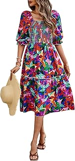 Women's Summer Casual Dresses 2025 Spring Puff Sleeve Square Neck A-line Flowy Boho Floral Smocked Midi Dress - Buy now