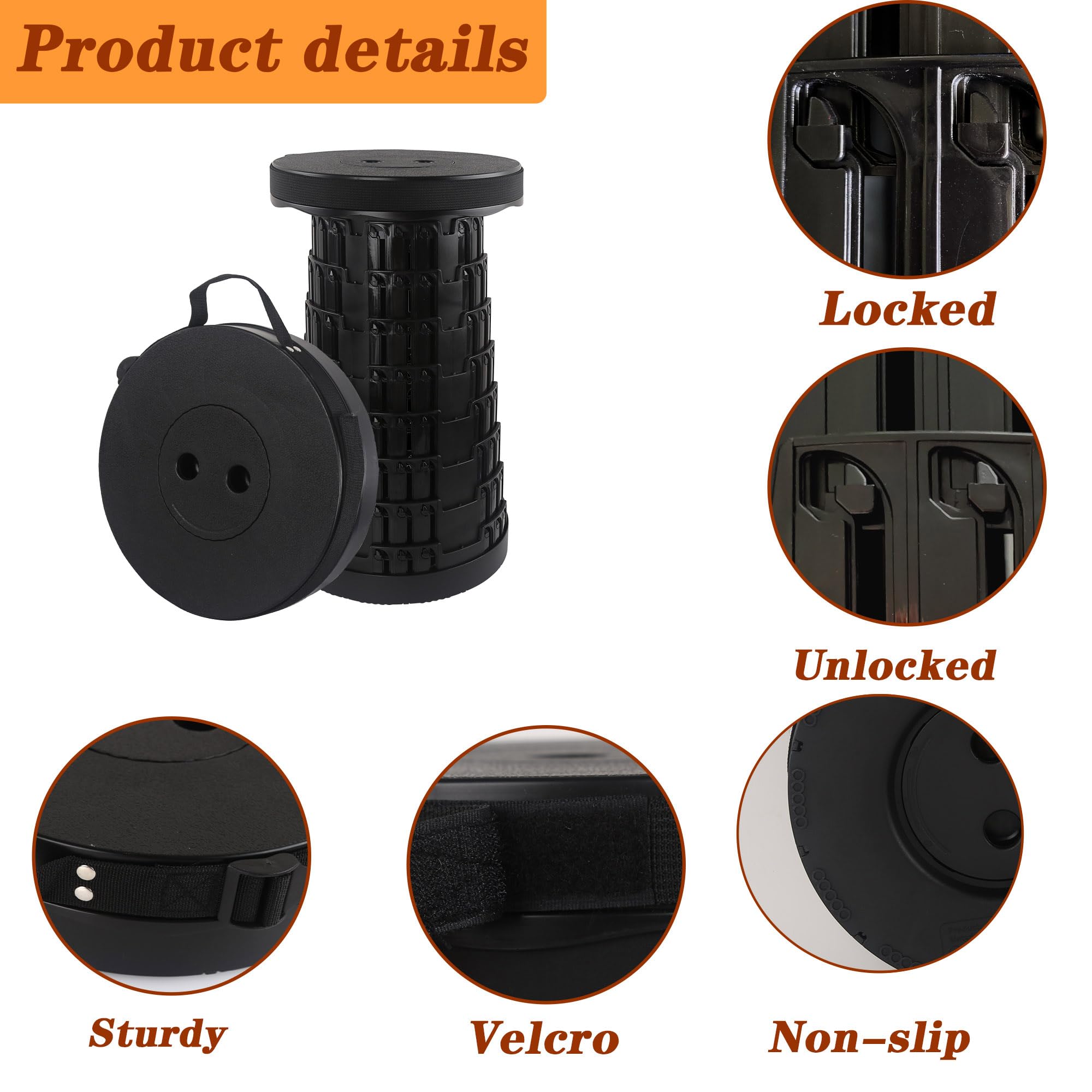 2pcs Taburete Plegable Portátil Plegable para Adultos,Taburete Ligero Retráctil Adecuado para Caminatas al Aire Libre Taburete de Camping de Pesca Carga Máxima 460lbs/210kg(Negro)