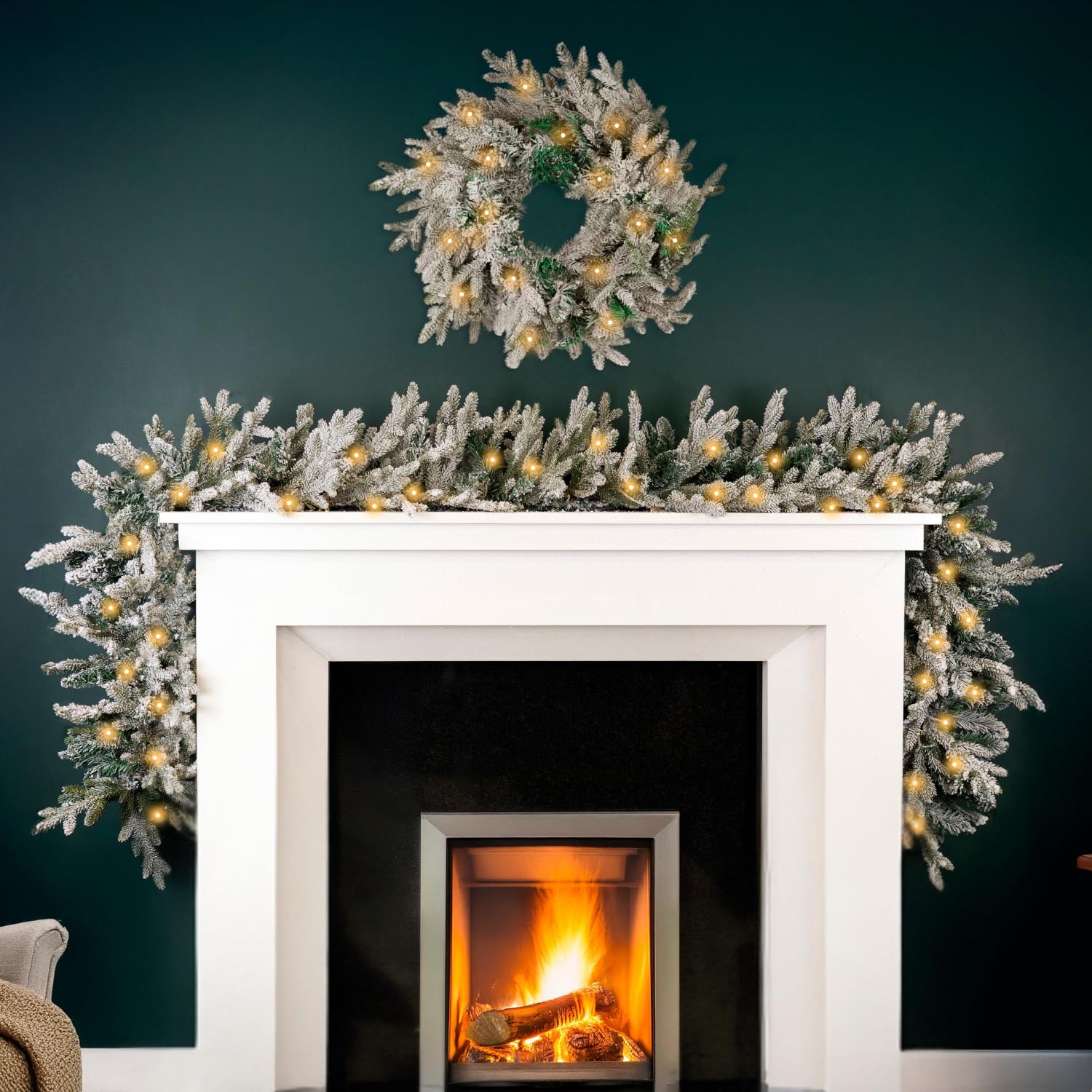 Marco Paul 9ft Frosted Christmas Garland & 50cm Christmas Wreath with LED Lights Pre Lit Artificial Pine Battery Operated Indoor Xmas Decorations for Fireplace, Doorway, Mantel or Staircase