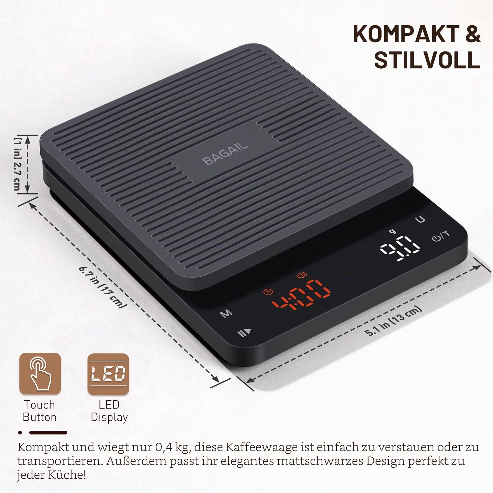Bagail Digitale Kaffeewaage mit Timer 0,1 g Hochpräzise Elektronische Küchenwaage mit Großem Display und Automatischer Tarierung, Wiederaufladbare Waage für Filterkaffee, Max. Gewicht 3 Kg