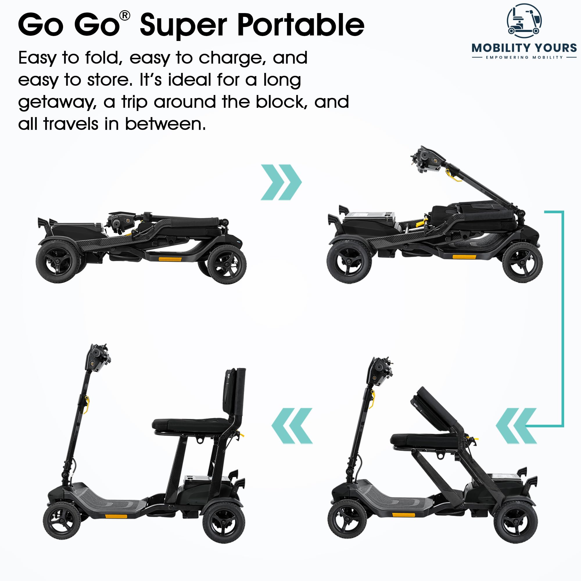 Pride Mobility Go Go - Patinete de viaje súper portátil + soporte para teléfono celular, kit de reposabrazos, scooter plegable de movilidad eléctrica, capacidad de 300 libras, compatible con Ariline