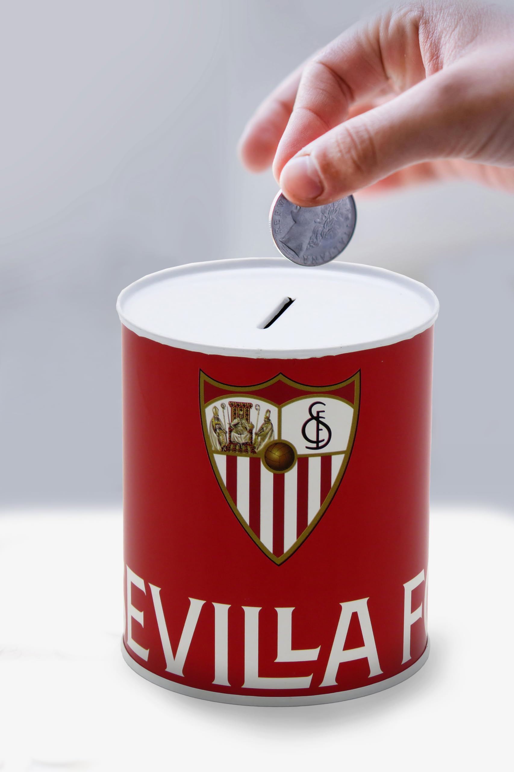 CyP Brands Sevilla FC- Skarbonka, Zlewka, Zapieczętowana Skarbonka Termo, Oszczędność, Monety i Banknoty, Wielobarwny, Oficjalny produkt