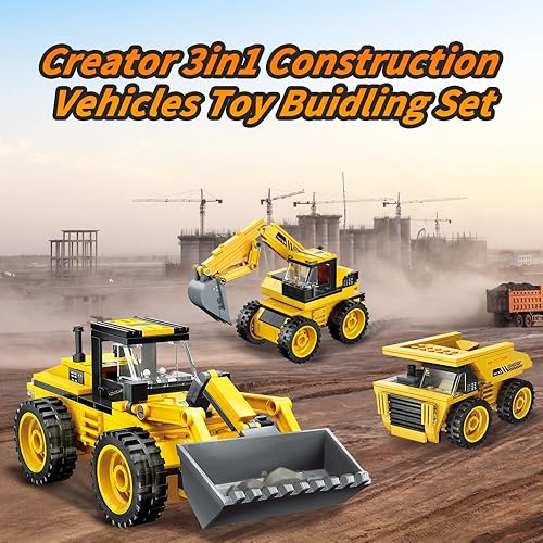 Miniatura 2 de QMAN Juego de construcción de vehículos de construcción urbana 3 en 1 para niños de 6 años en adelante, juguete educativo STEM de ladrillos de