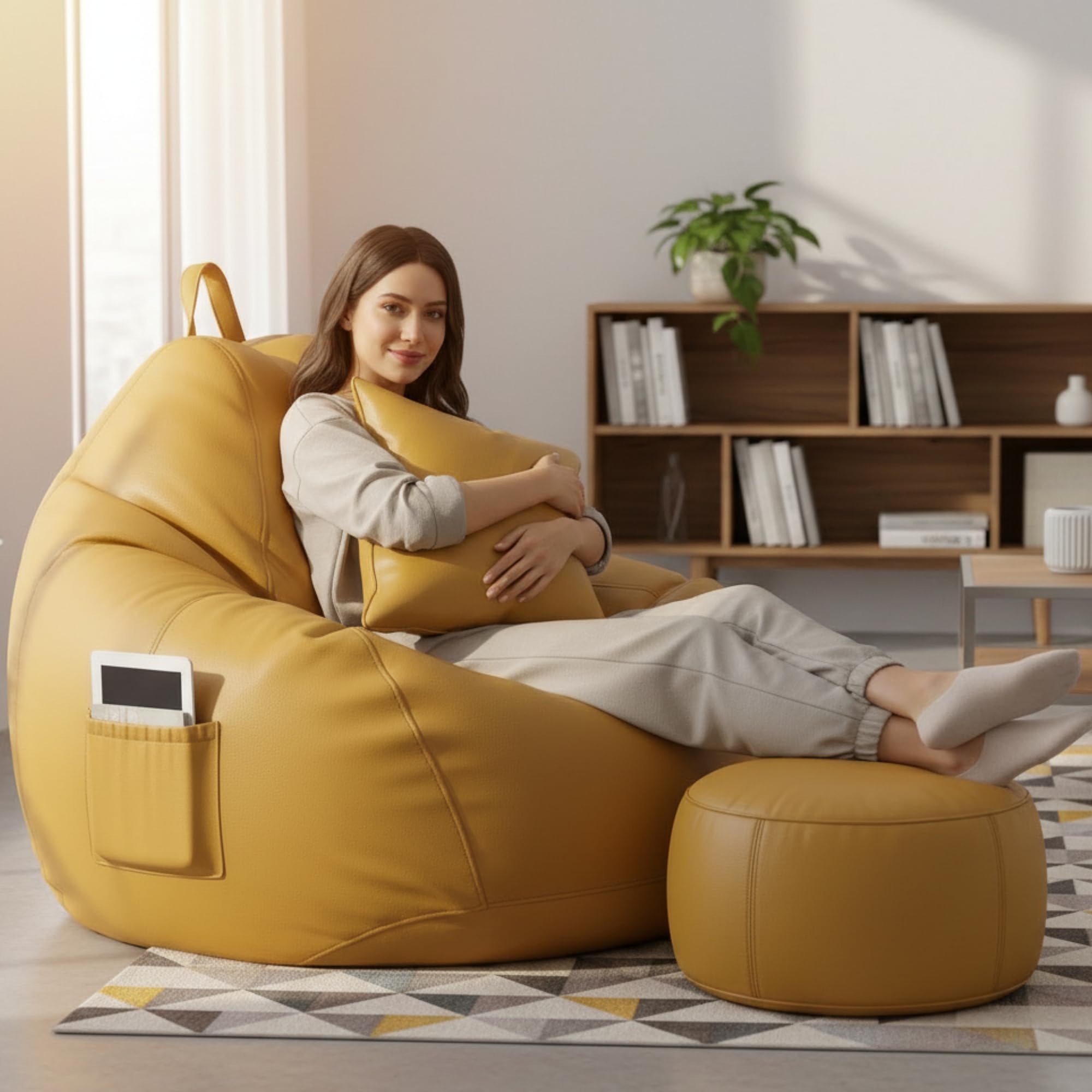 KAM'S LIEU 6XL Luxury Faux Leather Bean Bag with Footrest & Cushion | Pre-Filled High-Density Polystyrene Beans | Premium Leatherette |Teardrop Handle Design | 6 Months Warranty Color- Yellow