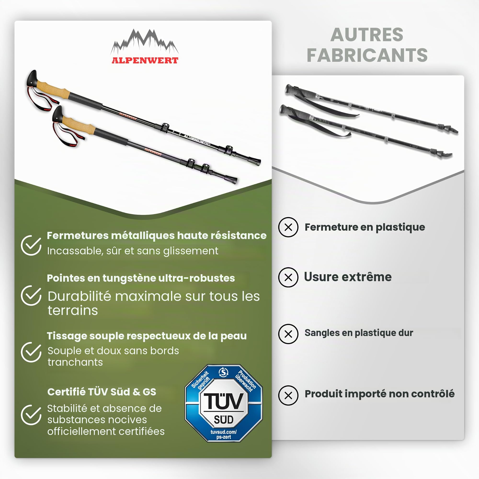 ALPENWERT Bâtons de randonnée [carbone ou aluminium] Bâtons de marche pour homme et femme – Bâtons de trekking télescopiques avec poignée en liège pour la randonnée, la marche nordique et les