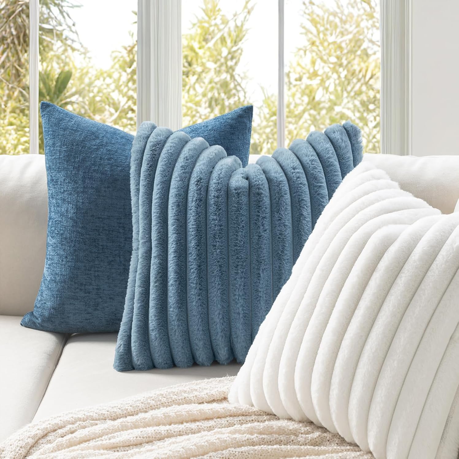 MIULEE Faux Fur Decorative Throw Pillow Covers 18x18 Inch Set of 2, Coastal Modern Art Spring Home Decor Soft Plush Couch Pillows Cozy Fluffy Cushion Covers for Sofa Bed Grey Blue - Image 3