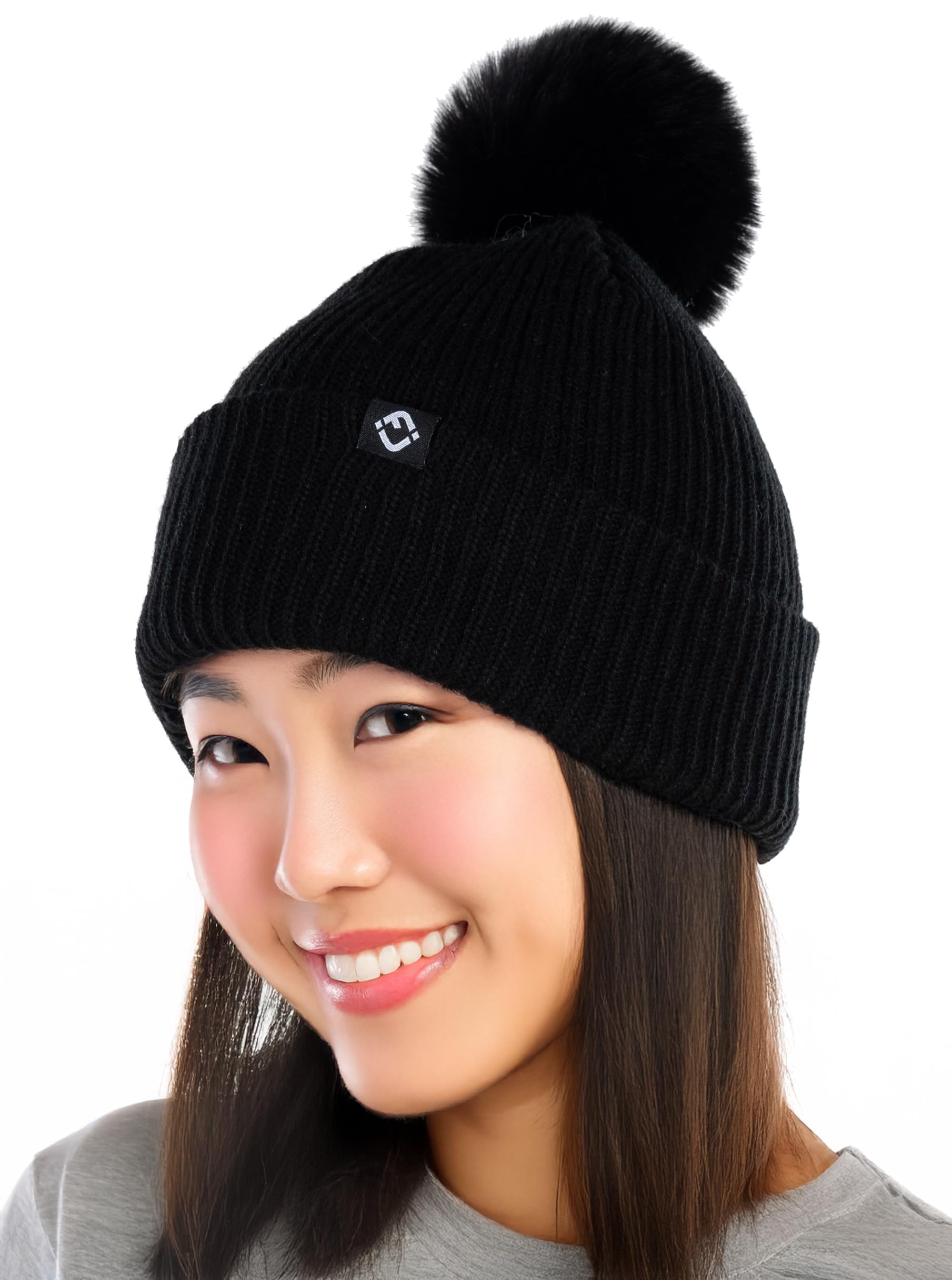 Funky Junque Womens Ribbed Knit Pom Pom Beanie - Black