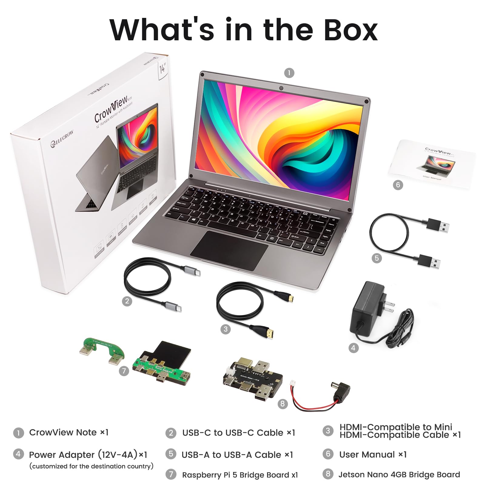 Tragbarer Monitor mit Tastatur, 35,6 cm (14 Zoll), 1080P FHD Lapdock, kompatibel mit Mini-PC/Handy/PC/Spielkonsole, CrowView Note mit RPi5- und Jetson-Adaptern (Full Feature TypeC und