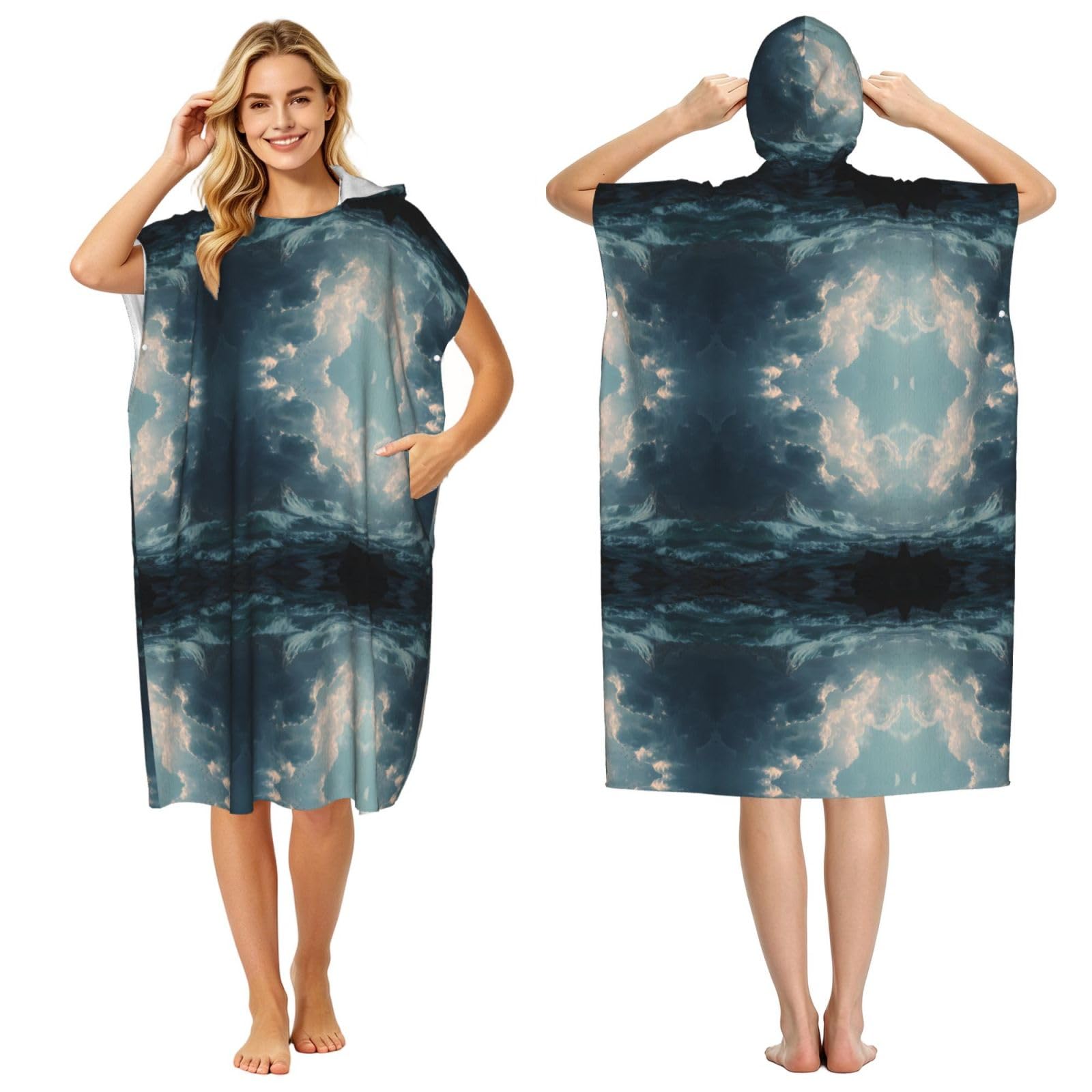 EZDLOWVBA Ocean Print Hooded Poncho Microfiber Beach Towel,Adult Women & Men Changing Robe,Lightweight Summer Surf Swim Bath Poncho Towel