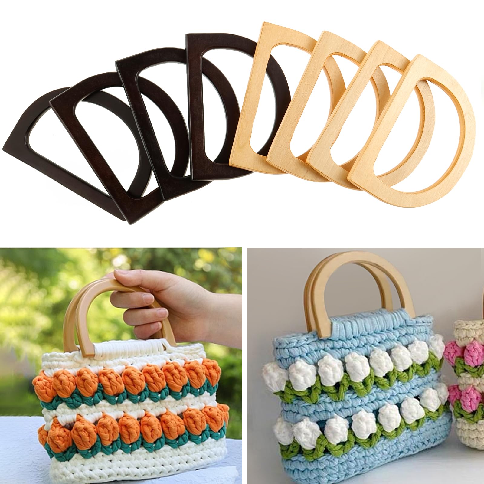 Yunyouc Beige + Brown 8Pcs Wooden Purse Handles, D Shape Wooden Handbag Handle, 2 Colors Replacement Handbag Purse Handle For Handmade Beach Bag Handbags Straw Bag