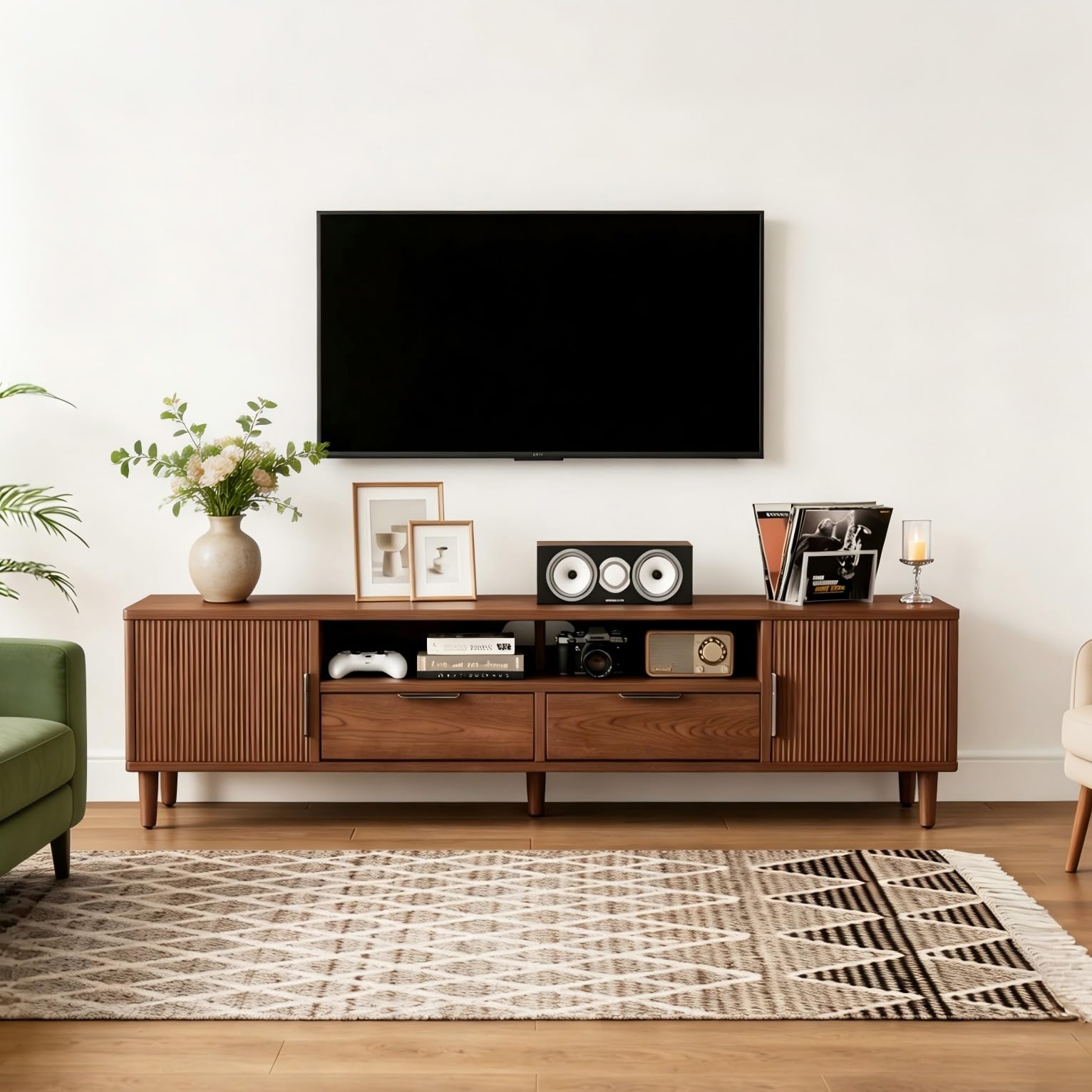 Photo 1 of **READ CLERK COMMENTS**
CycleCrew Mid Century Modern TV Stand for TVs Up to 70 in- Wooden Fluted Entertainment Center Low Profile TV Console with 2 Cabinet, Drawers and Shelf, Media Console for Living Room