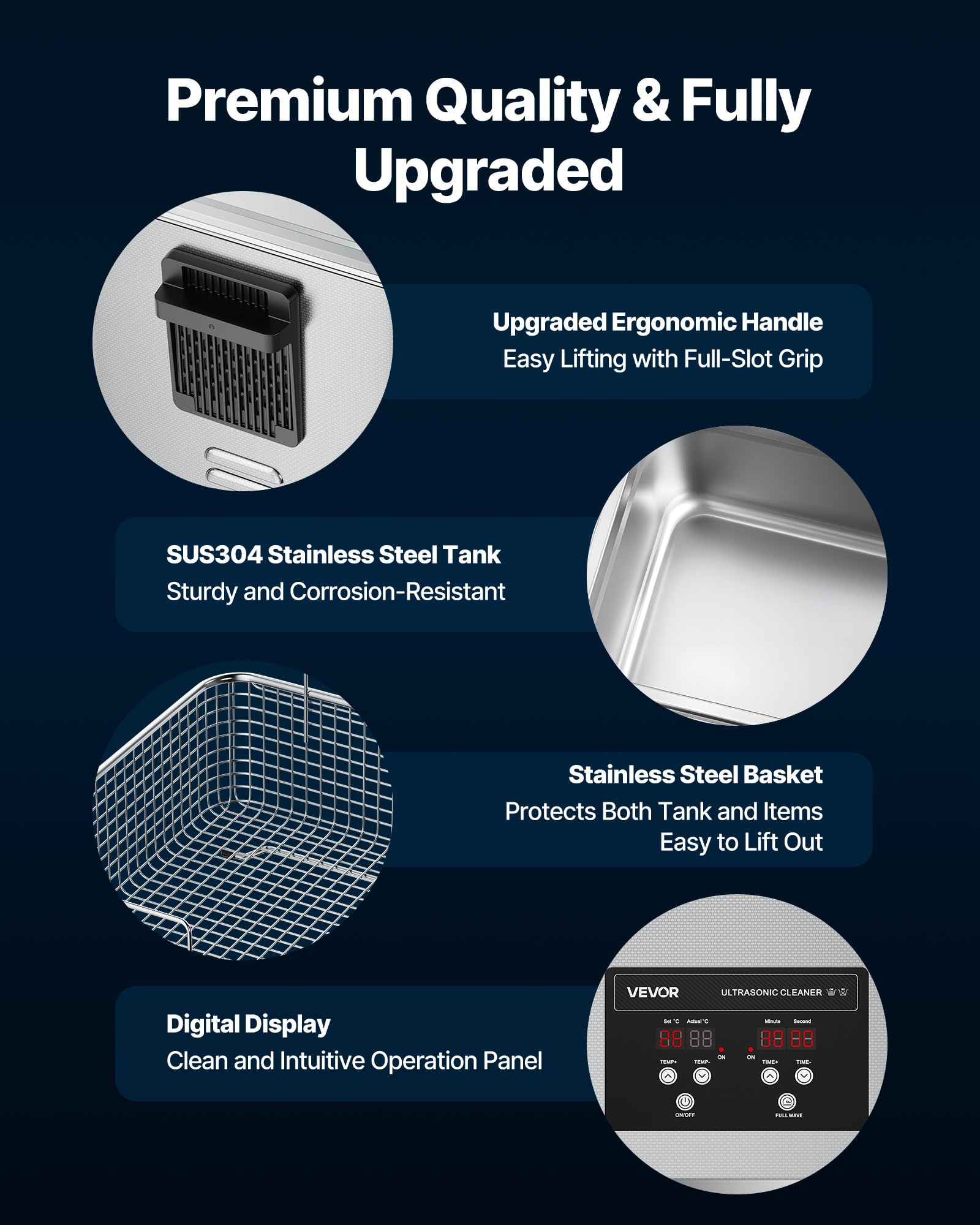 VEVOR 10 L Ultraschallreiniger, professionelle Ultraschallreinigungsmaschine mit Reinigungskorb & Digitalanzeige, 180 W Edelstahl 40 kHz Industrielle Reinigungsmaschine für Teile Vergaser Instrumente