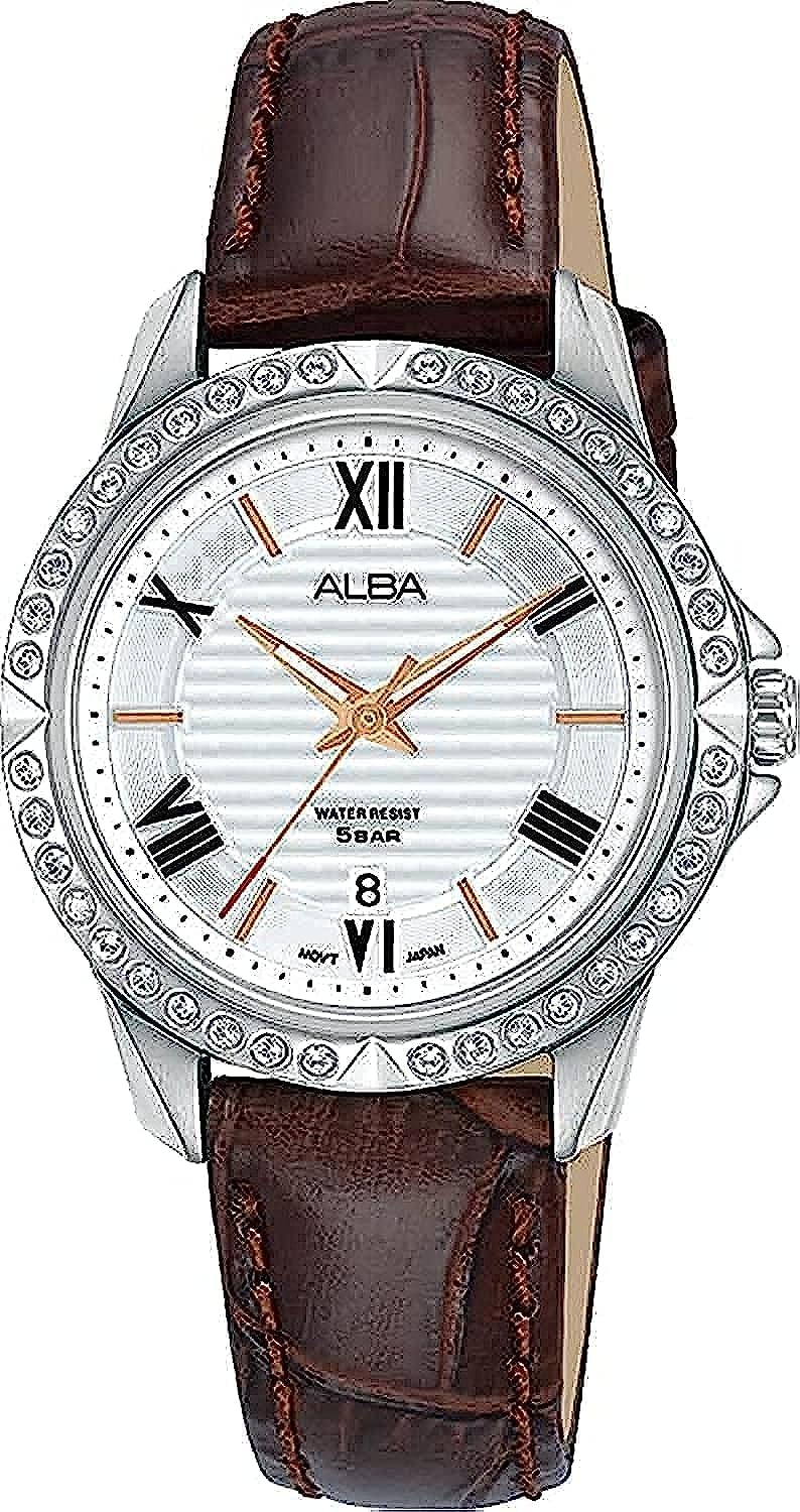 Alba Leather Women Analog Wristwatch Ah7X03X1, White Dial, Brown Band (B09RQB6Q91) Amazon Price History, Amazon Price Tracker