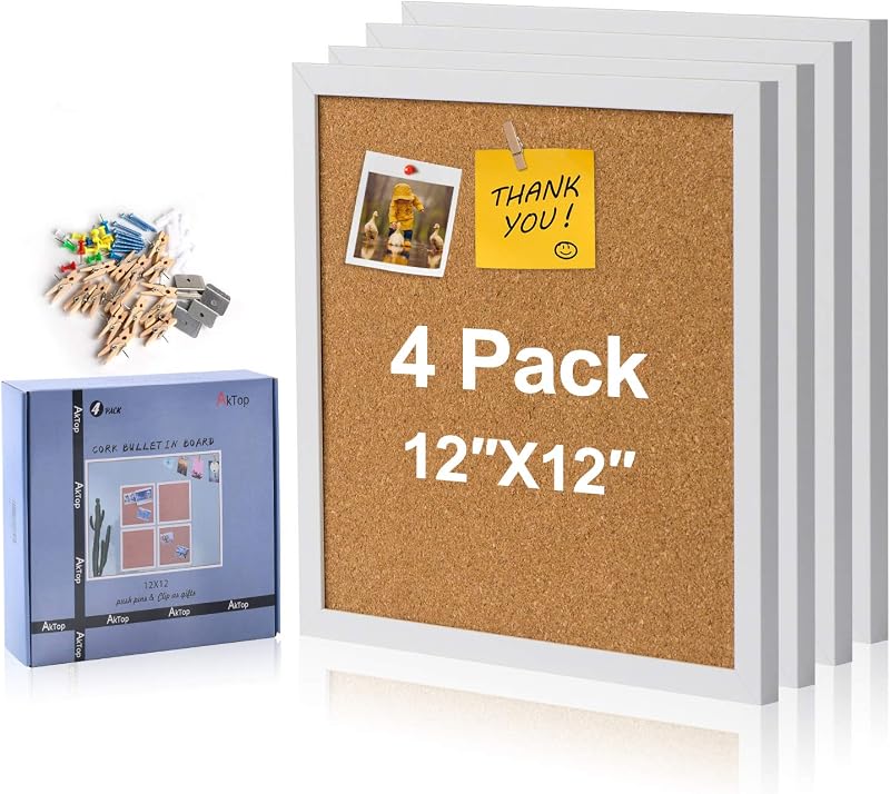 AkTop Cork Board Bulletin Board 12x12, White Framed Corkboard 4 Pack | Decorative Square Pin Board for Wall, Small Thick Cork Tiles with 32 Push Pins, Display Mood Board for Photos, Notes