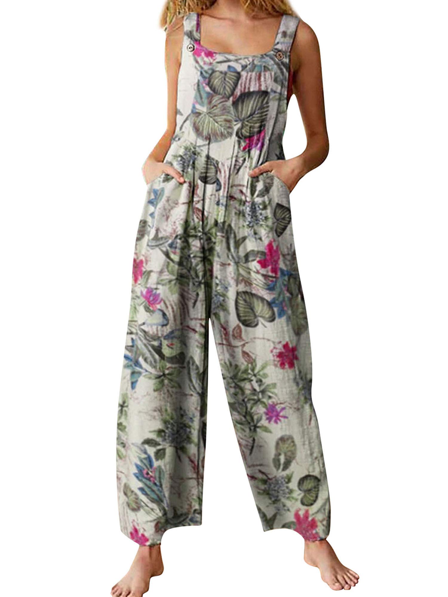 Achlibe Summer Casual Womens Sleeveless Boho Floral Baggy Overall Long Jumpsuit Playsuit Trousers Pants Dungarees Rompers (Beige, Large)
