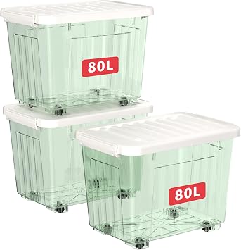 Cetomo 80L*3 Plastic Storage Boxes with Wheels, Lidded Storage Box with Secure Side Latches, PP Nestable and Stackable Clear Organizer for Home, Office, Moving, Transparent Green, 80L-3 Pack