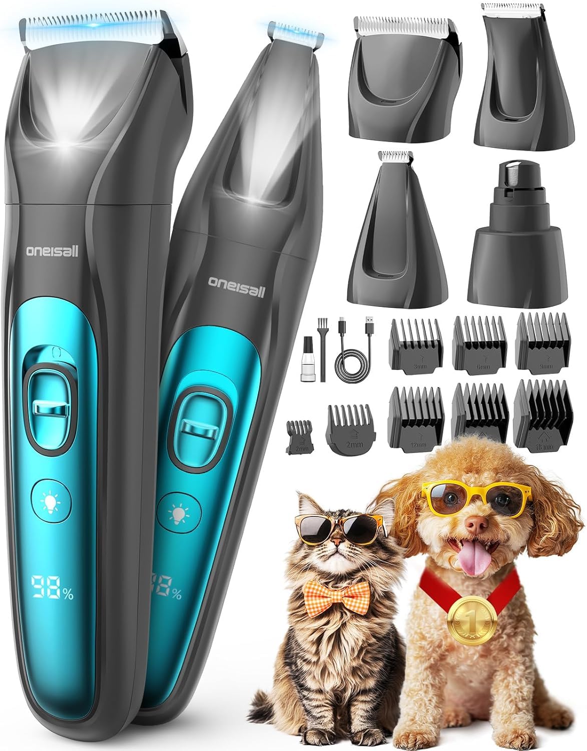 oneisall 4 in 1 Tosatrice per Cane Gatto con Luce LED, 2025 Nuova Versione Cura Peli Animali per Rasoio Cani & Zampe & Smerigliatrice Artiglio, 2000mAh Ricaricabile Rasoio per Cani (Blau, 4-in-1)