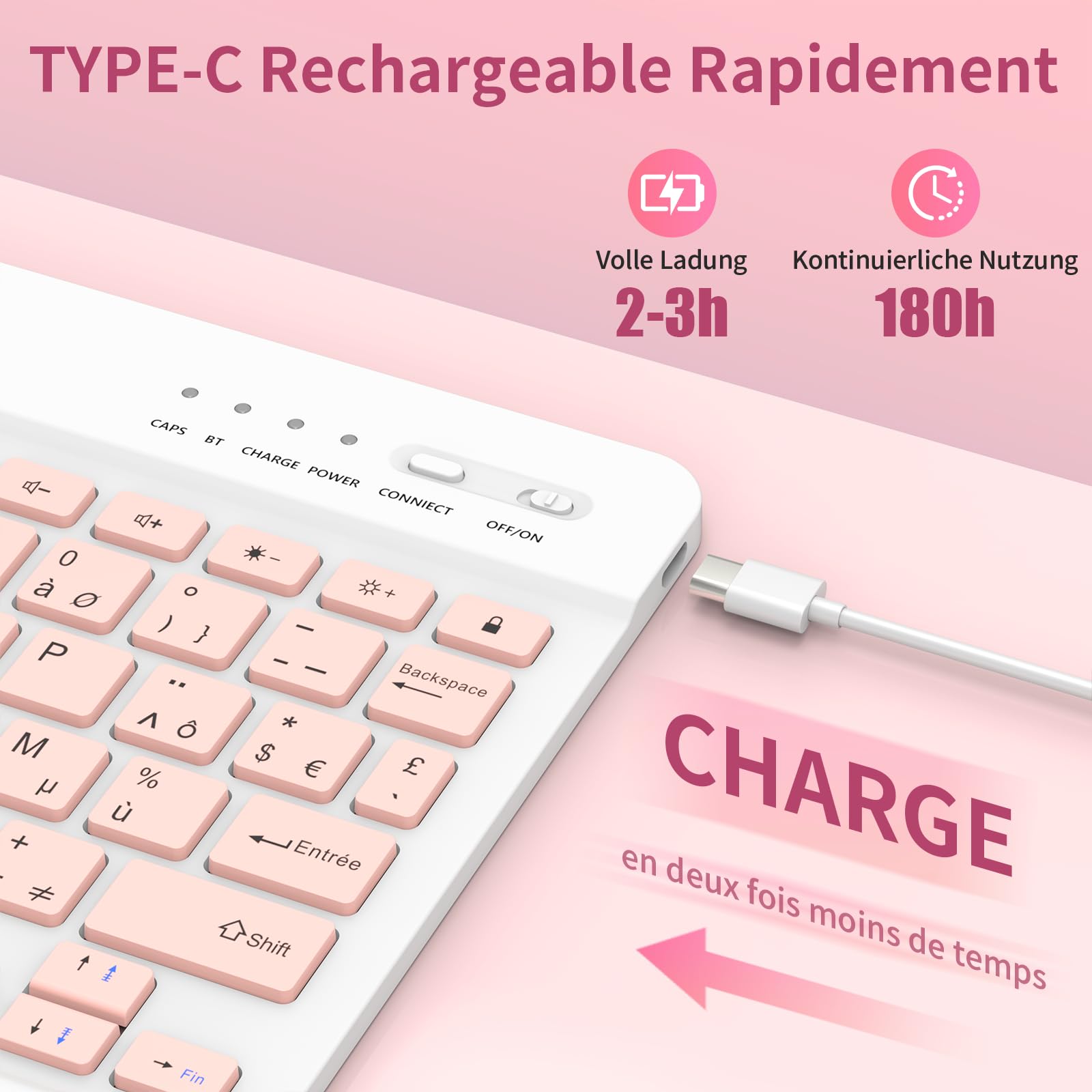 GAOJIE Coque Clavier pour iPad 11e Génération A16 2025/10e Génération 10,9 Pouces 2022, Coque de Protection avec Porte-Crayon, AZERTY Clavier Français Détachable sans Fil pour iPad 11/10.9''(Rose)