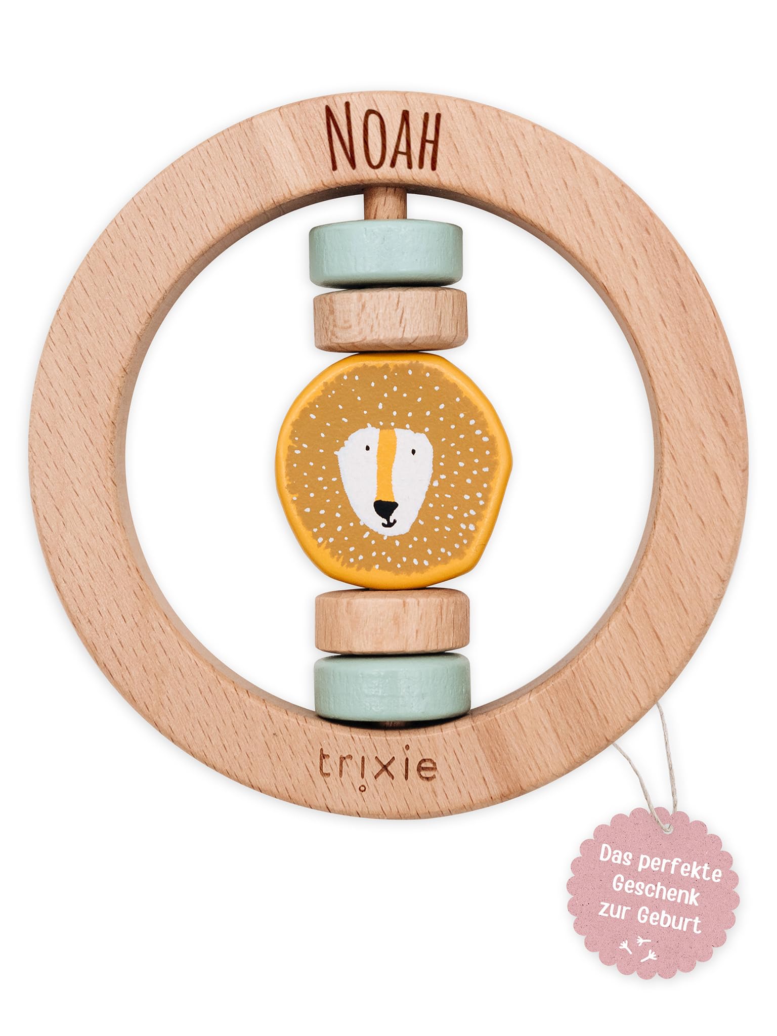 wunderwunsch Trixie Holzrassel personalisiert, Holz Rassel als Geschenk für Baby, Kleinkind, Geburt, Taufe graviert mit deinem Namen aus bestem Holz, auf Wunsch individualisert (Löwe, mit Name)