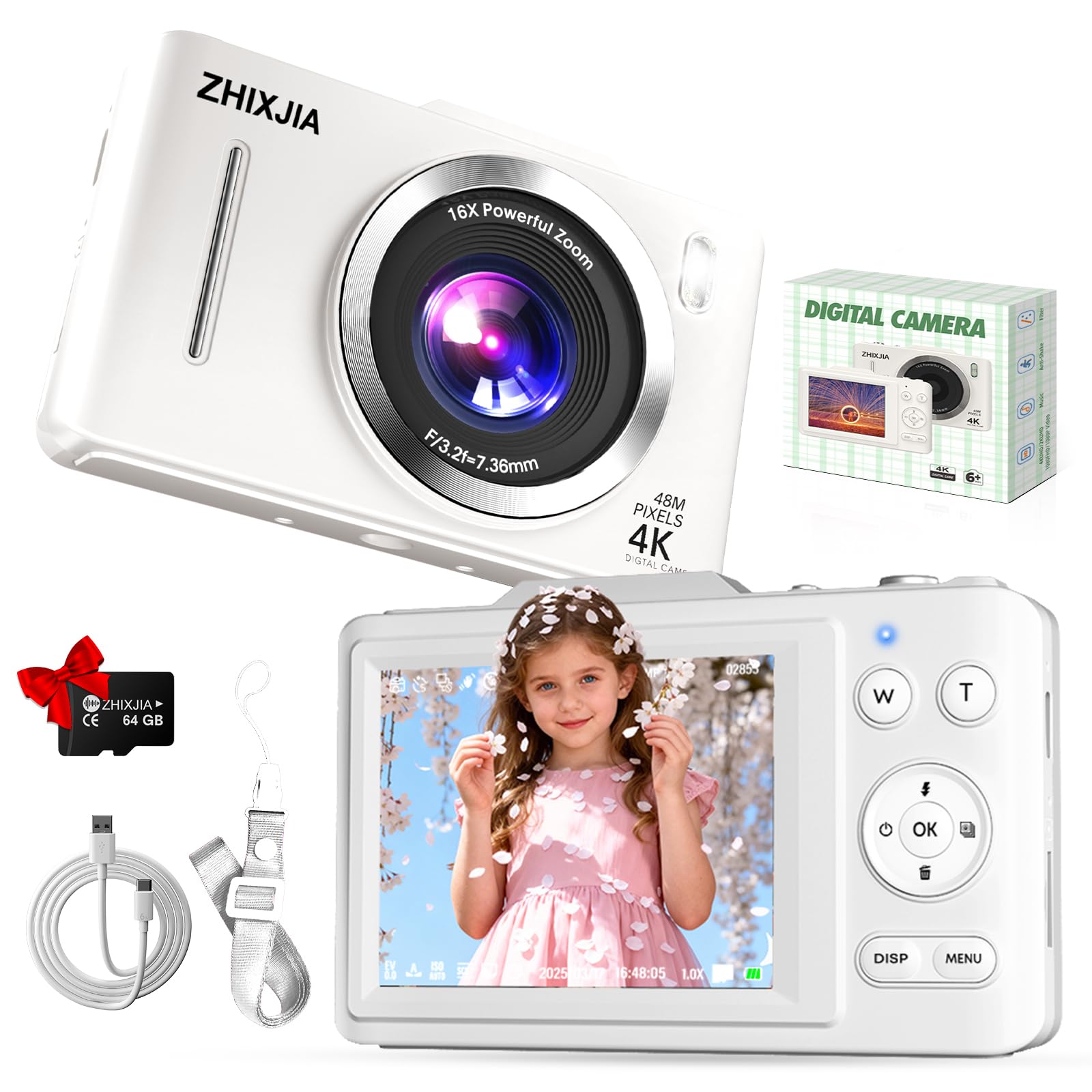 4K Digital Camera FHD 1080P Point and Shoot Camera with 64GB Card, White | 16X Zoom, Anti Shake, Autofocus 4K, FHD 1080P, 48 MP 32GB Card, Compact Portable Small for Kids Girls Boys Beginners-picture-15