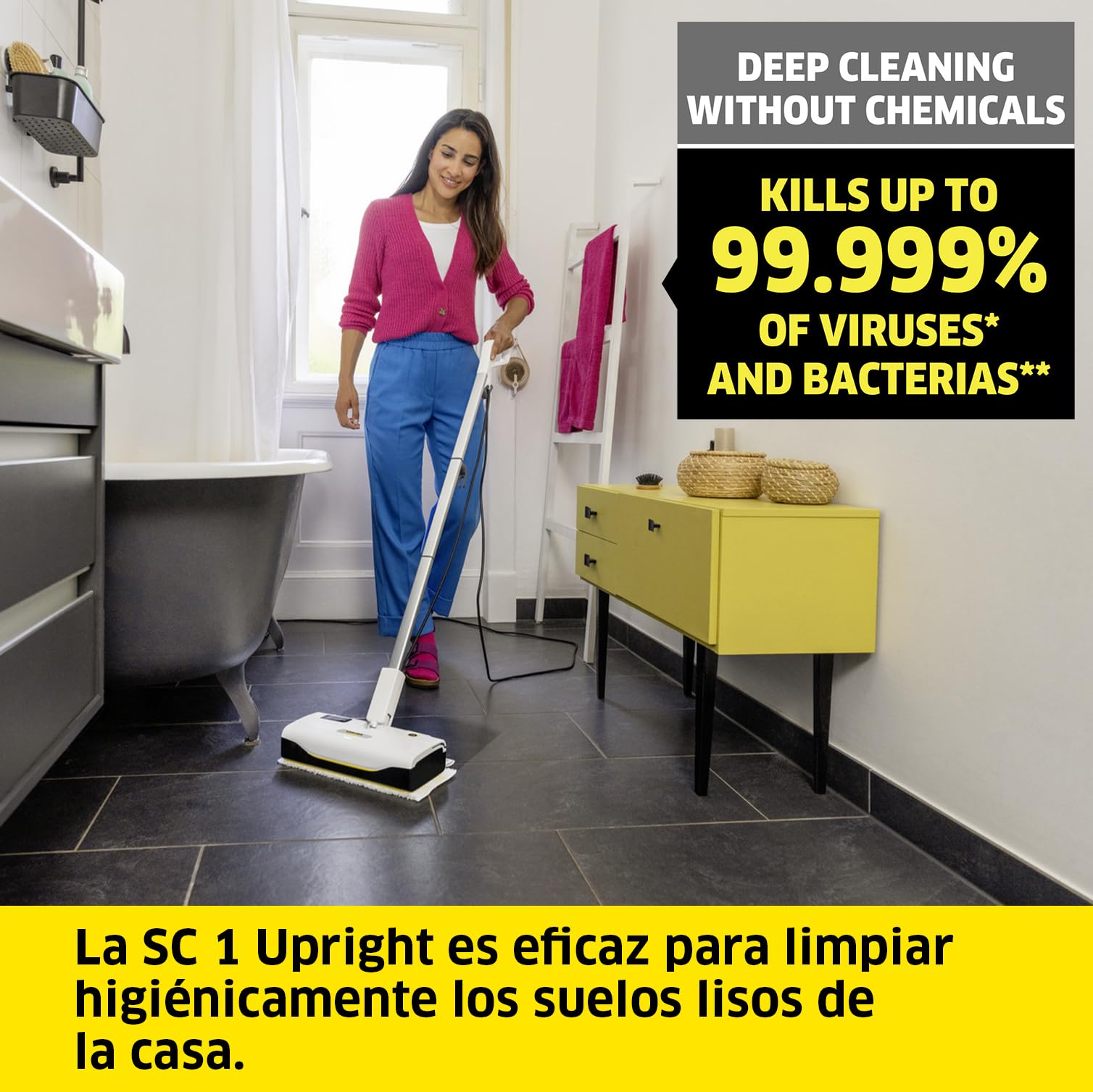 Kärcher Limpiadora de vapor SC 1 Upright, tiempo calentamiento: 30 s, cobertura: 30 m², depósito: 0,2 l, peso: 2,1 kg, boquilla para suelos EasyFix, 2 paños para suelos, cartucho de descalcificación