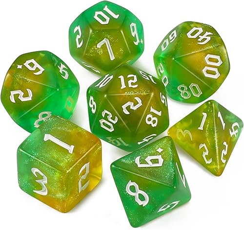 QMAY DND - Juego de dados poliédricos D&D (7 piezas) para Calabozos y Dragones (purpurina amarilla pálida y verde)